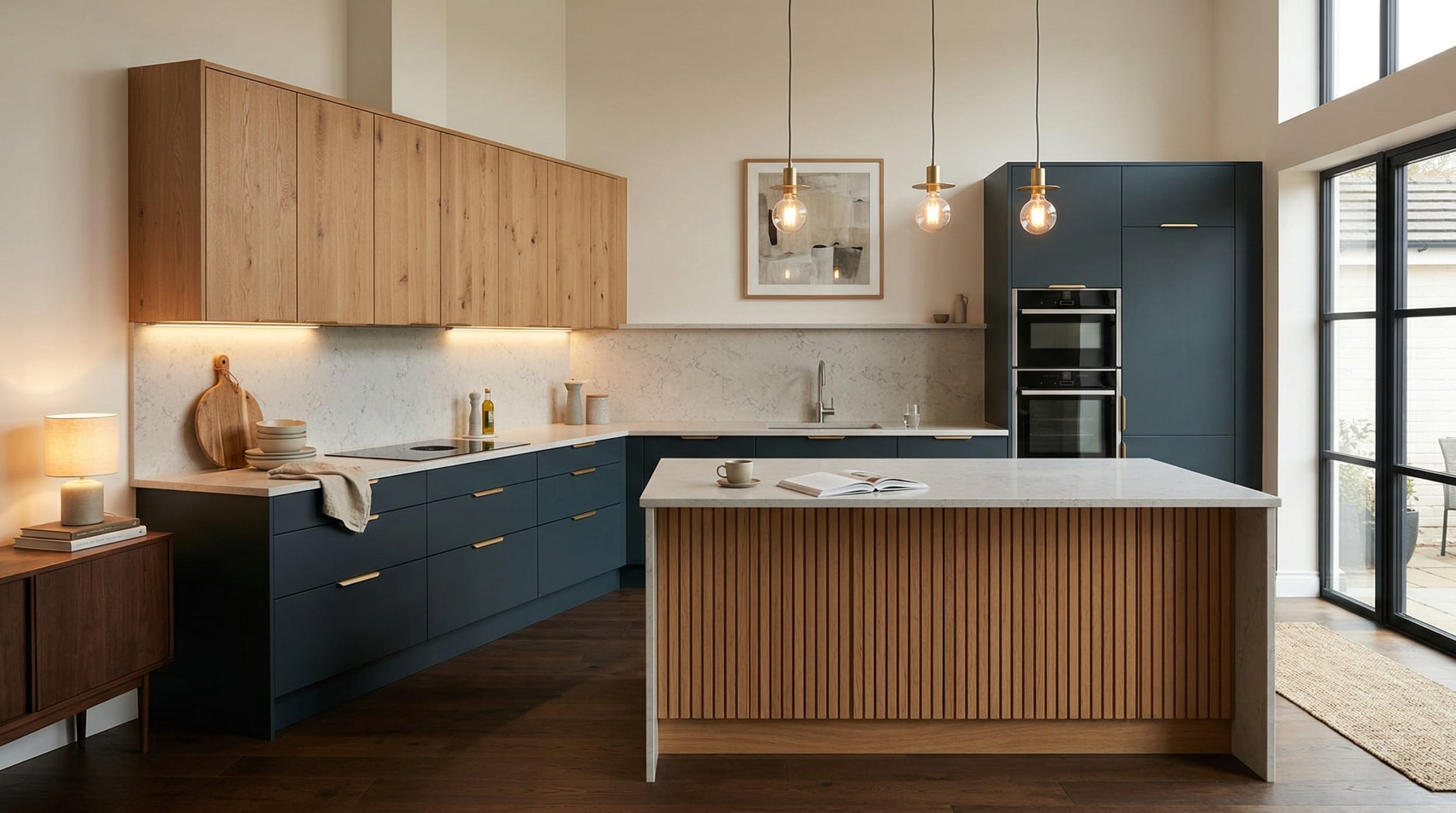 Wide view of a bespoke Mastercraft kitchen, matt painted handleless slab cabinetry in shell tones