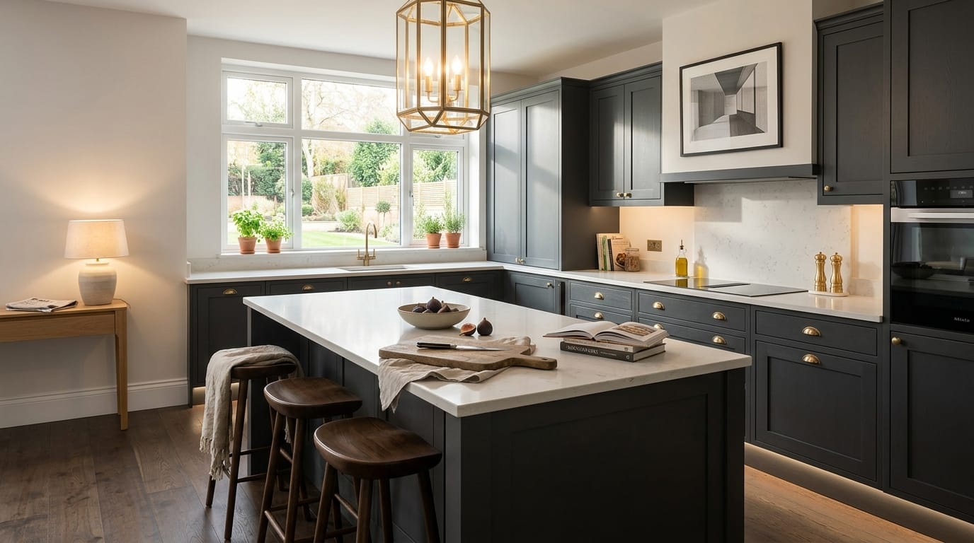 dark grey kitchen units with white worktops and gold pendant light