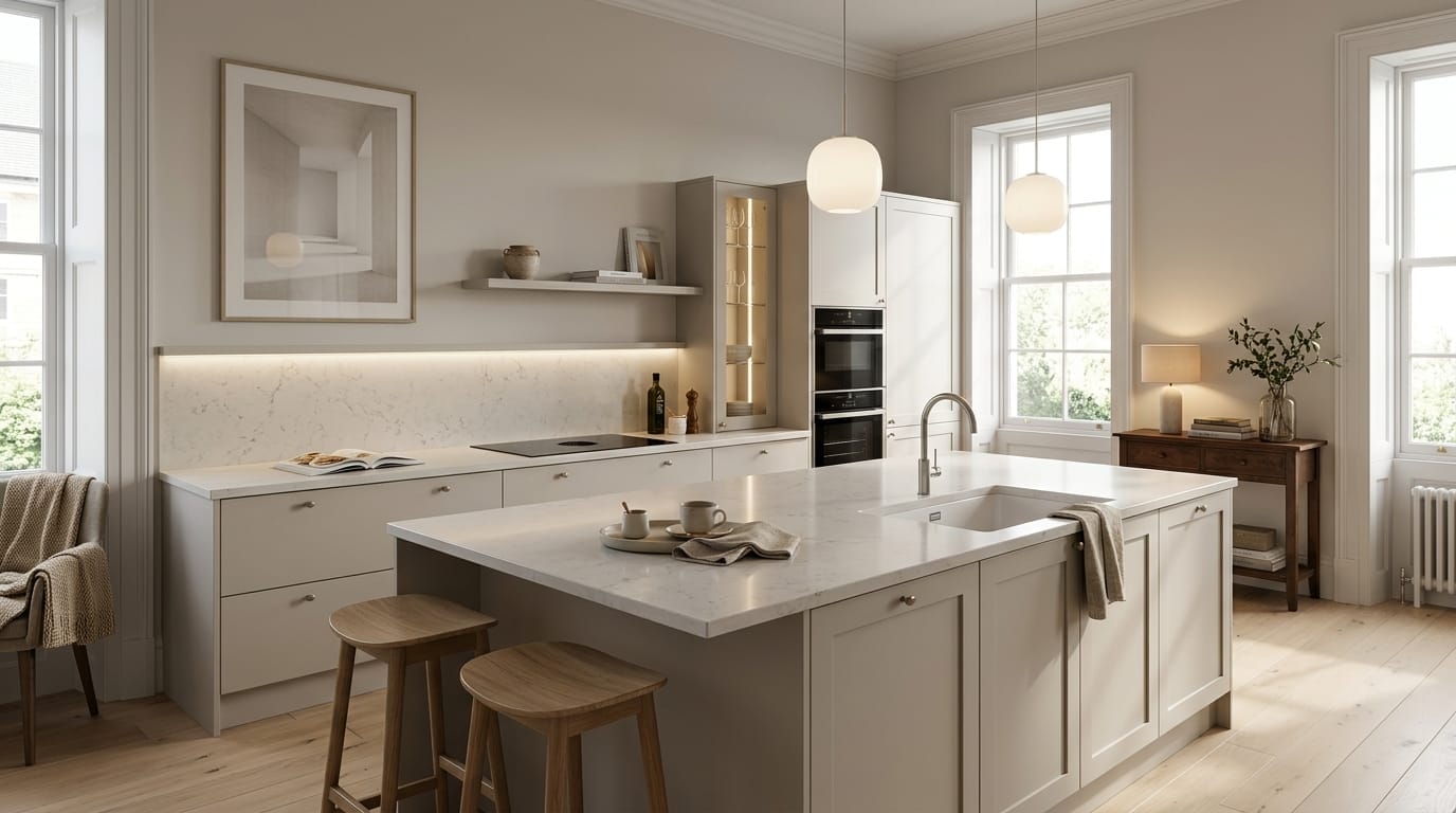light cream kitchen with marble worktops and two wooden stools at island