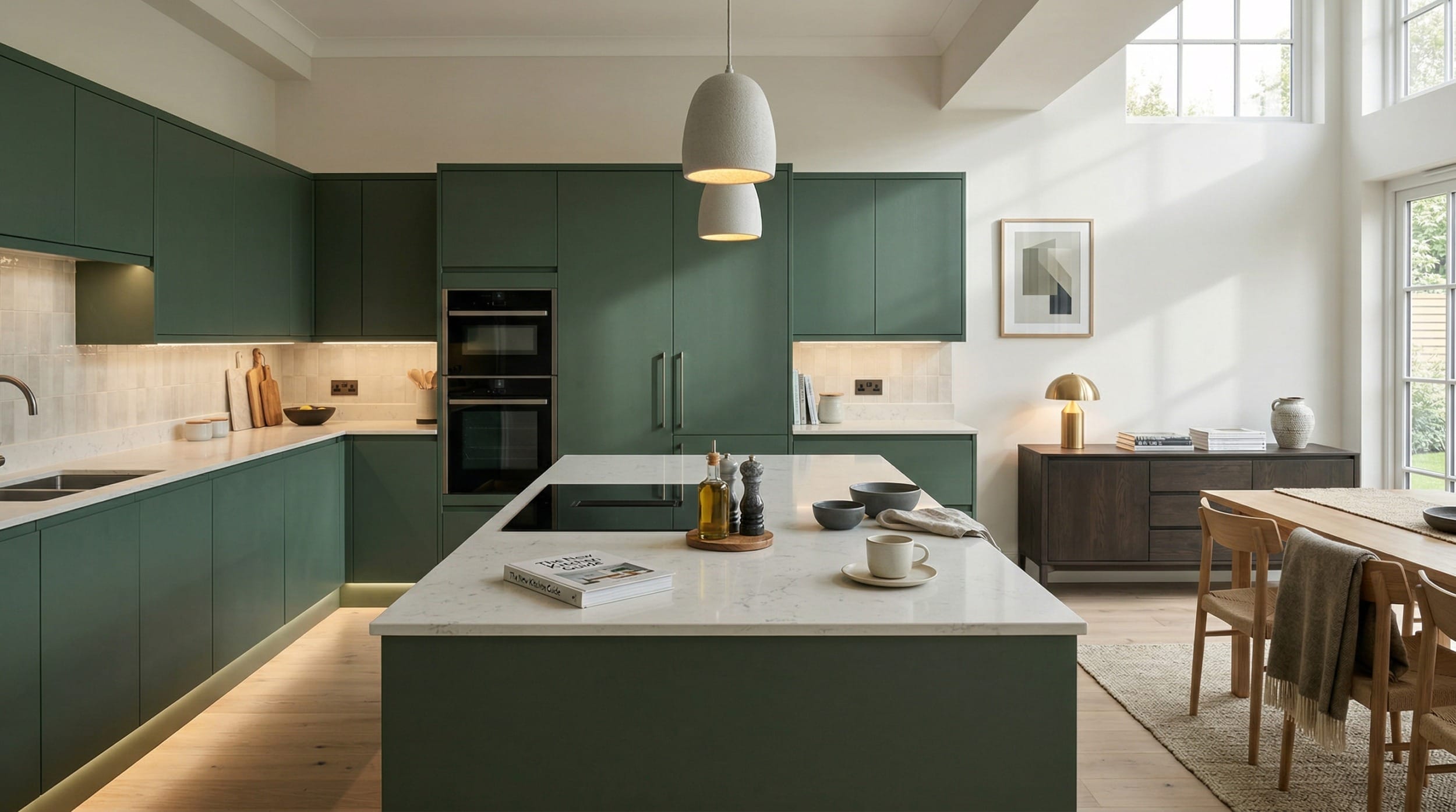 Green matte kitchen units with white worktops and pendant lighting