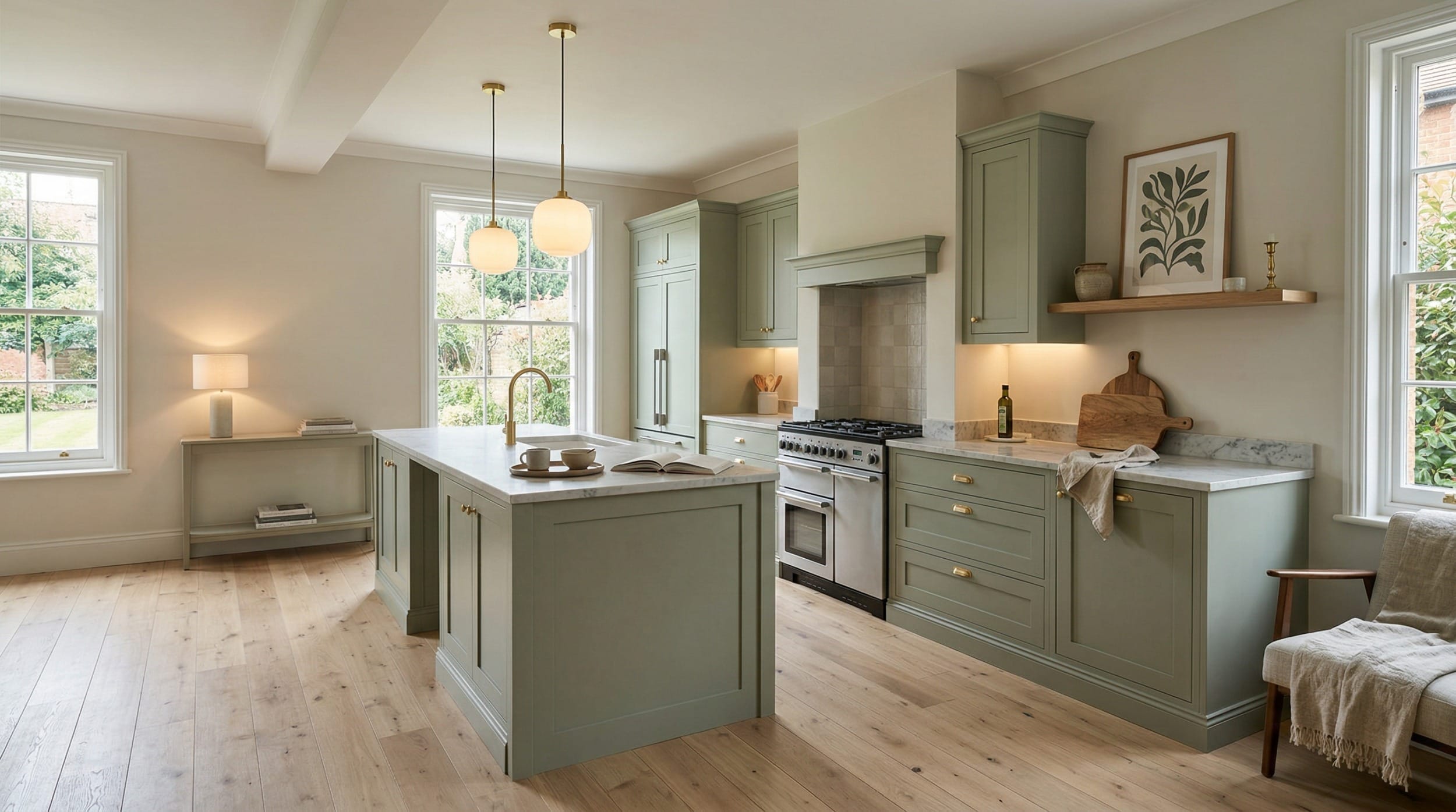 sage green Mastercraft kitchen with marble worktops and light wood flooring