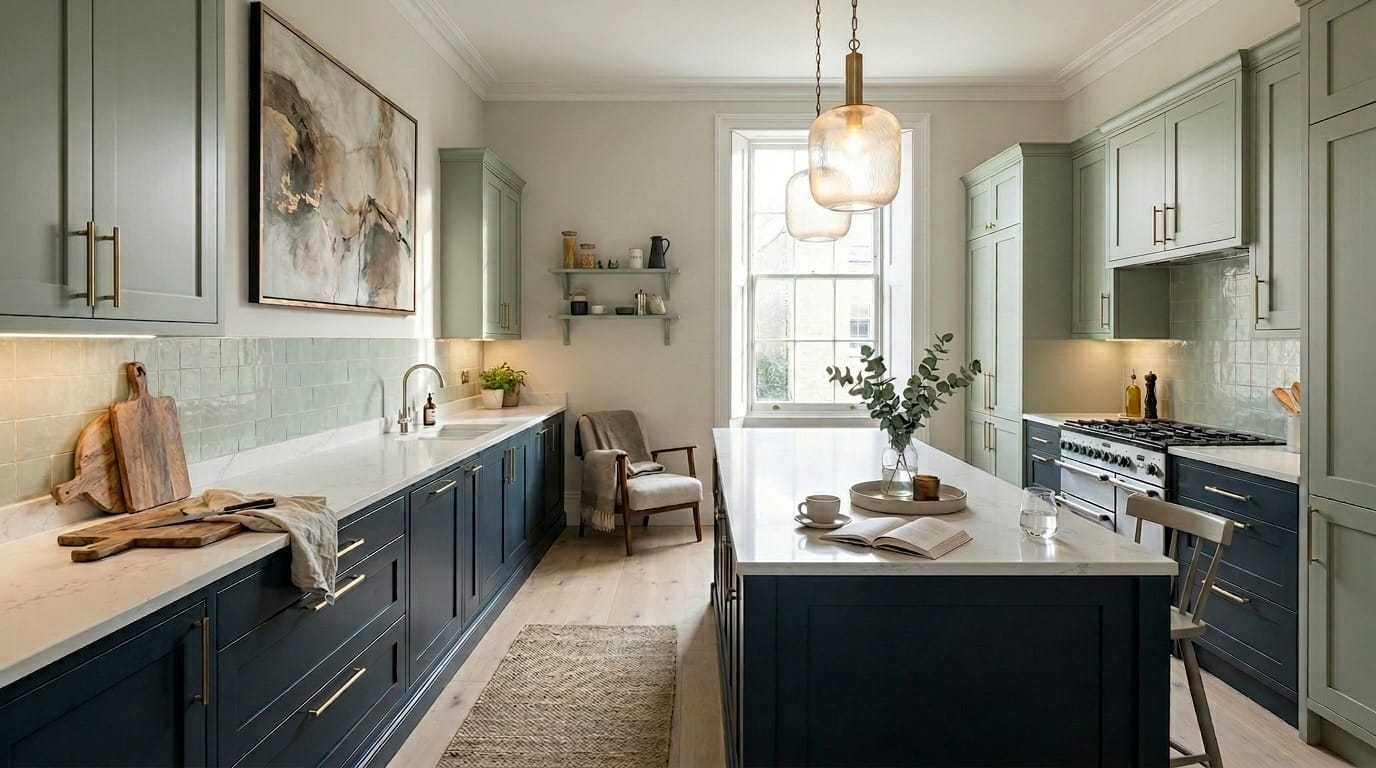Wide view of a newly completed bespoke Mastercraft kitchen in a Cambridge home, modern shaker cabinetry in cashmere tones