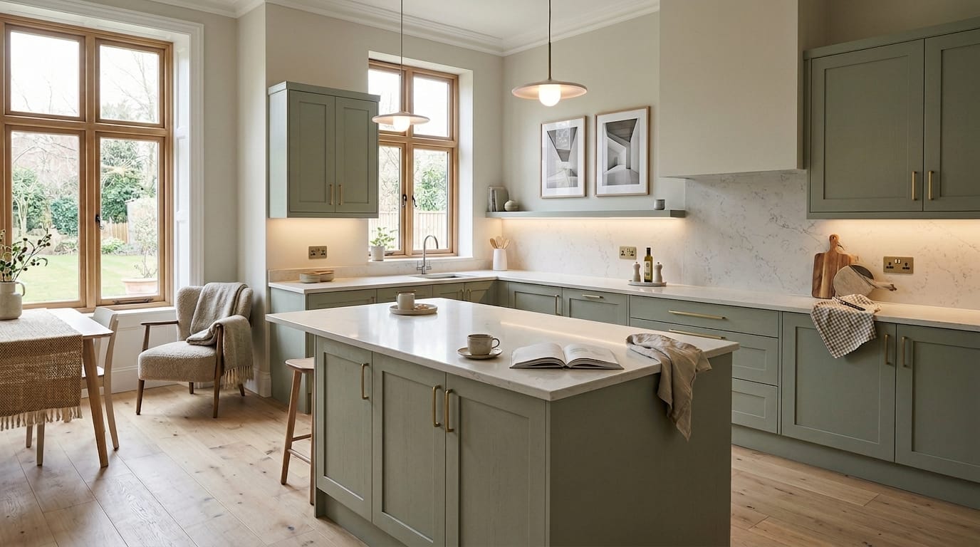 Wide view of a newly completed bespoke Mastercraft kitchen in a Empingham home, contemporary painted lay-on cabinetry in parisian blue tones