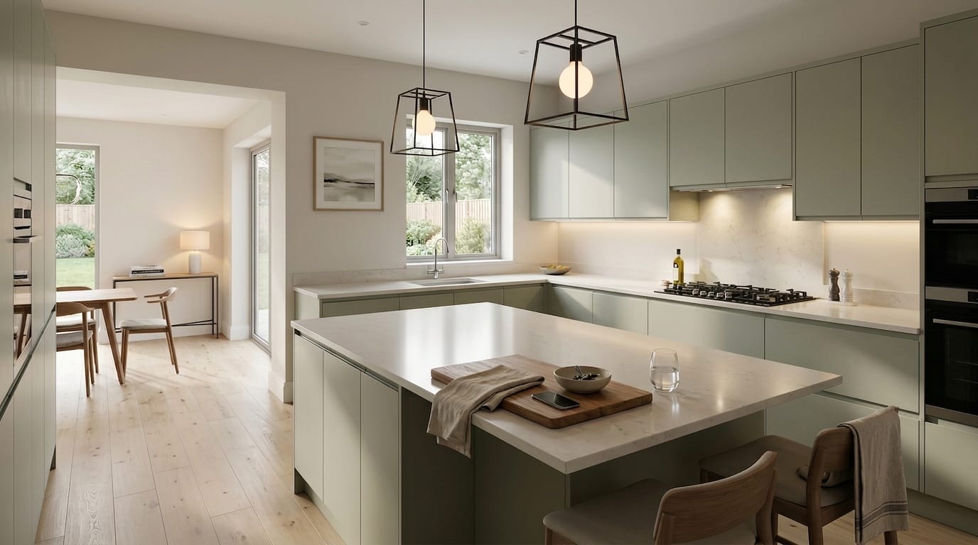 pale green kitchen with marble worktops and geometric pendant lights