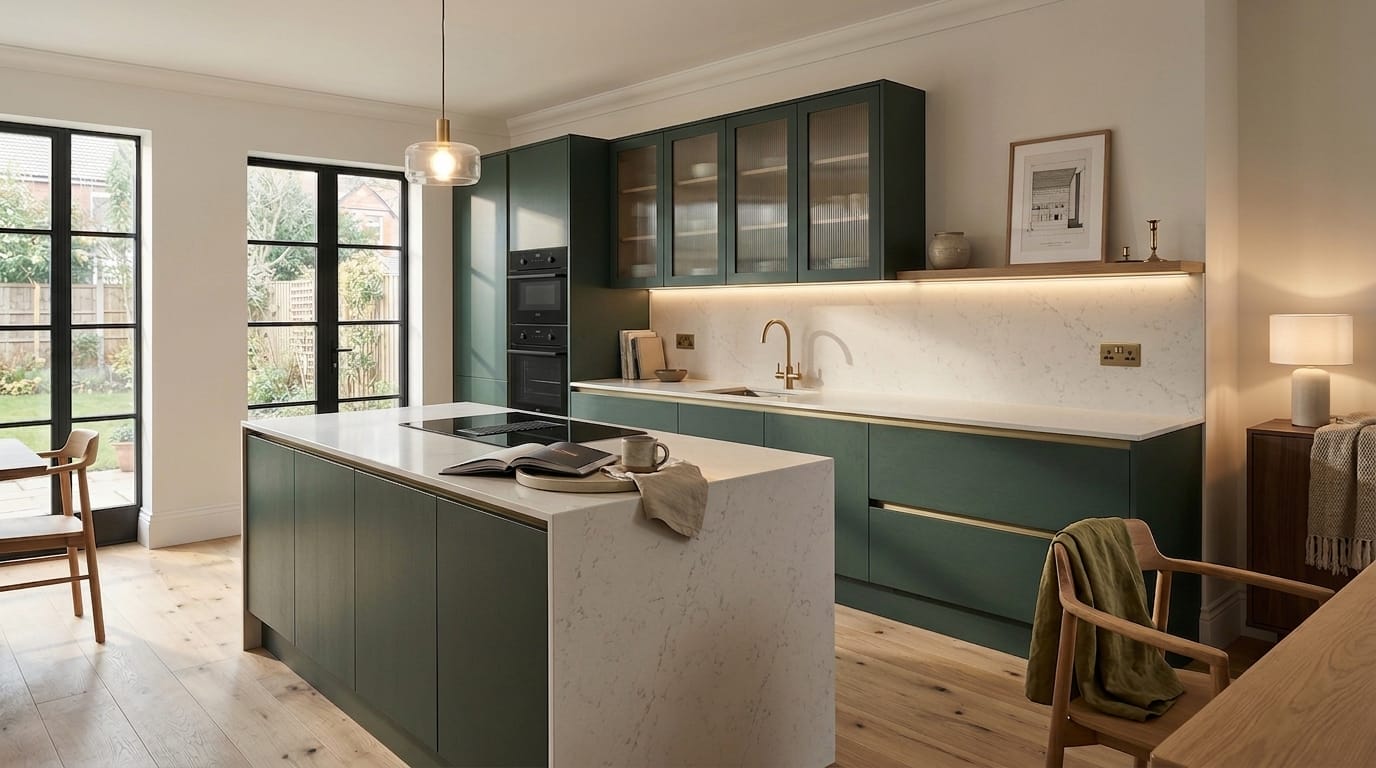 green kitchen units with white marble worktops and glass fronted wall cupboards