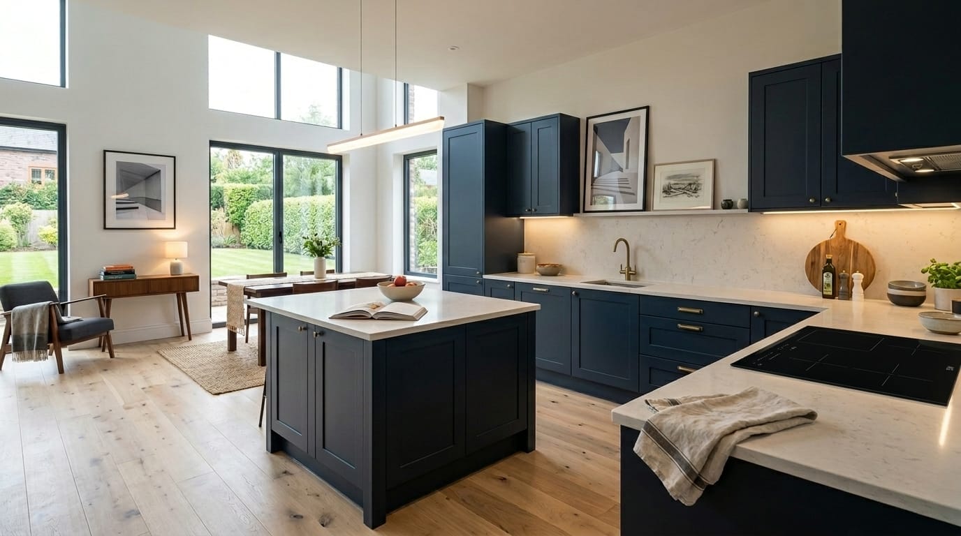 Modern kitchen with navy units, white worktops and large floor-to-ceiling windows