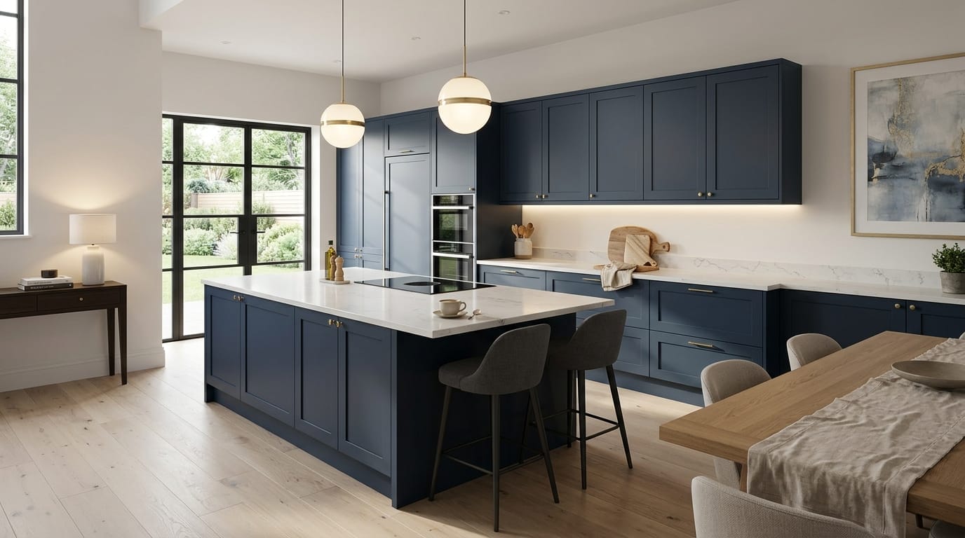 Wide view of a newly completed bespoke Mastercraft kitchen, matt painted handleless slab cabinetry in viridian tones