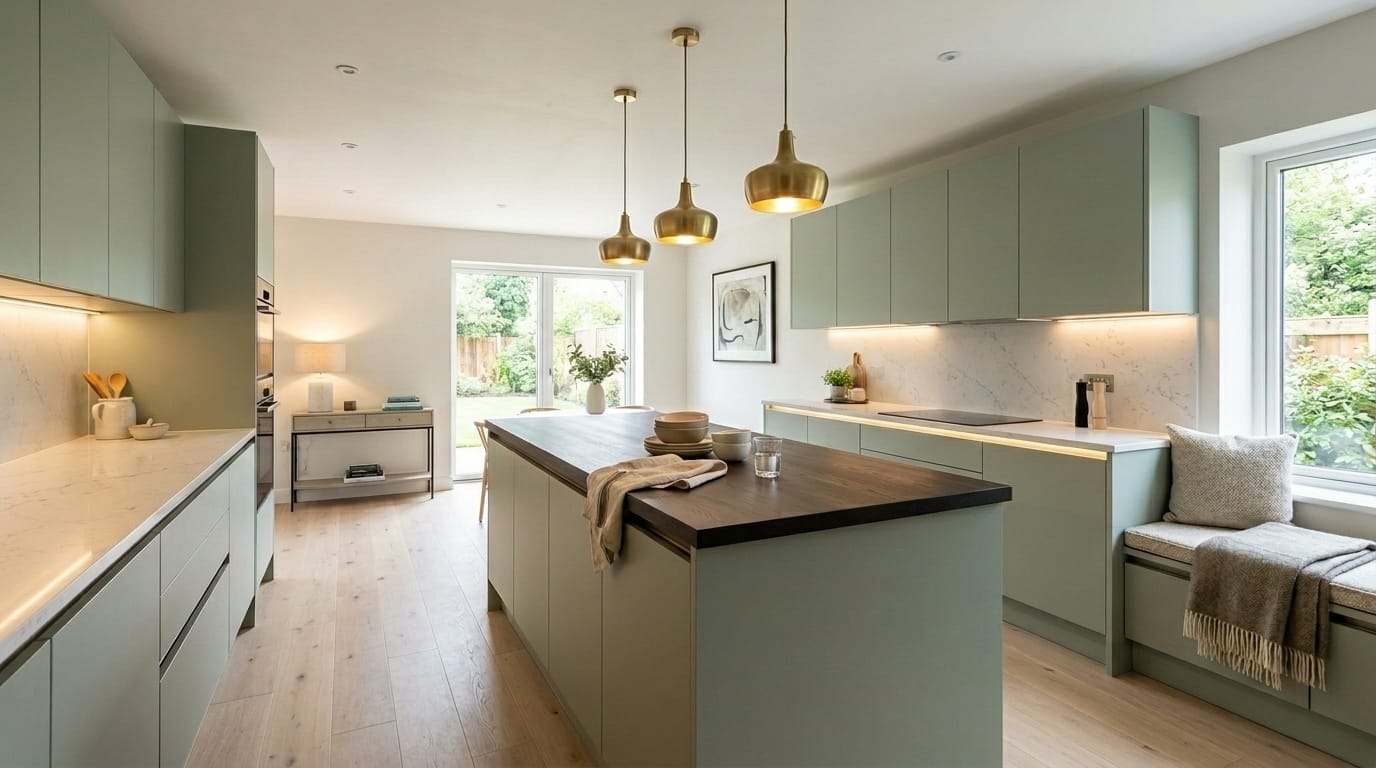 sage green kitchen units, marble worktops, wooden island, gold pendant lights