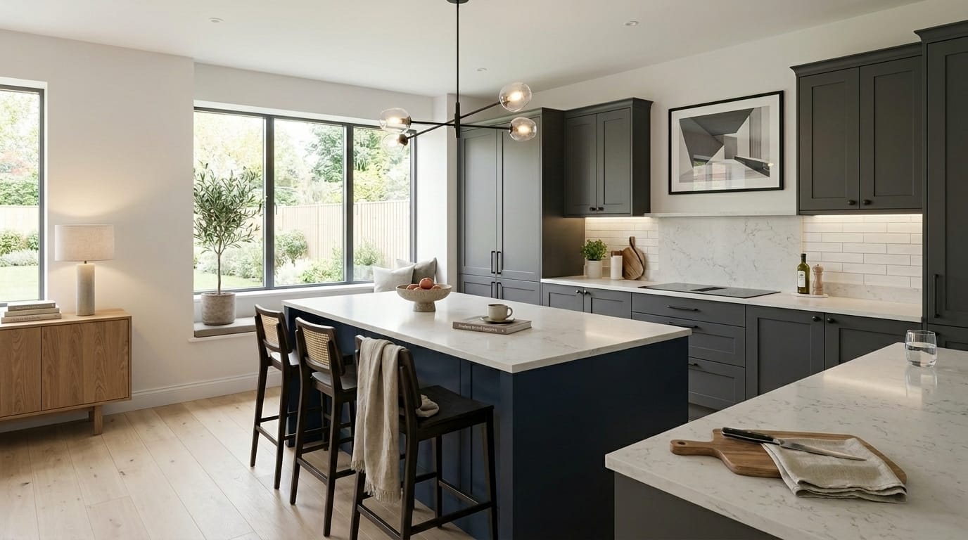 modern kitchen with dark grey units, marble worktops and large windows
