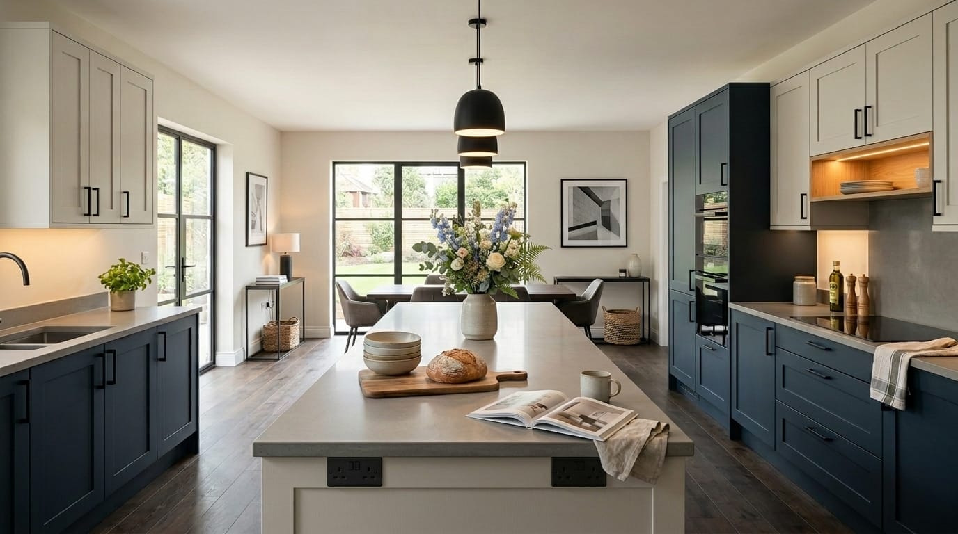 Modern kitchen with navy and cream units, large island and pendant lights