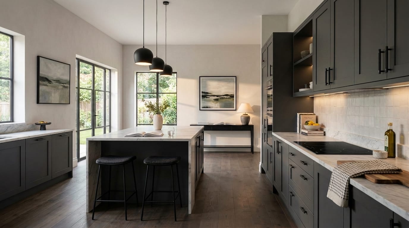 Wide view of a newly completed bespoke Mastercraft kitchen in a Maesteg home, matt painted handleless slab cabinetry in indigo tones
