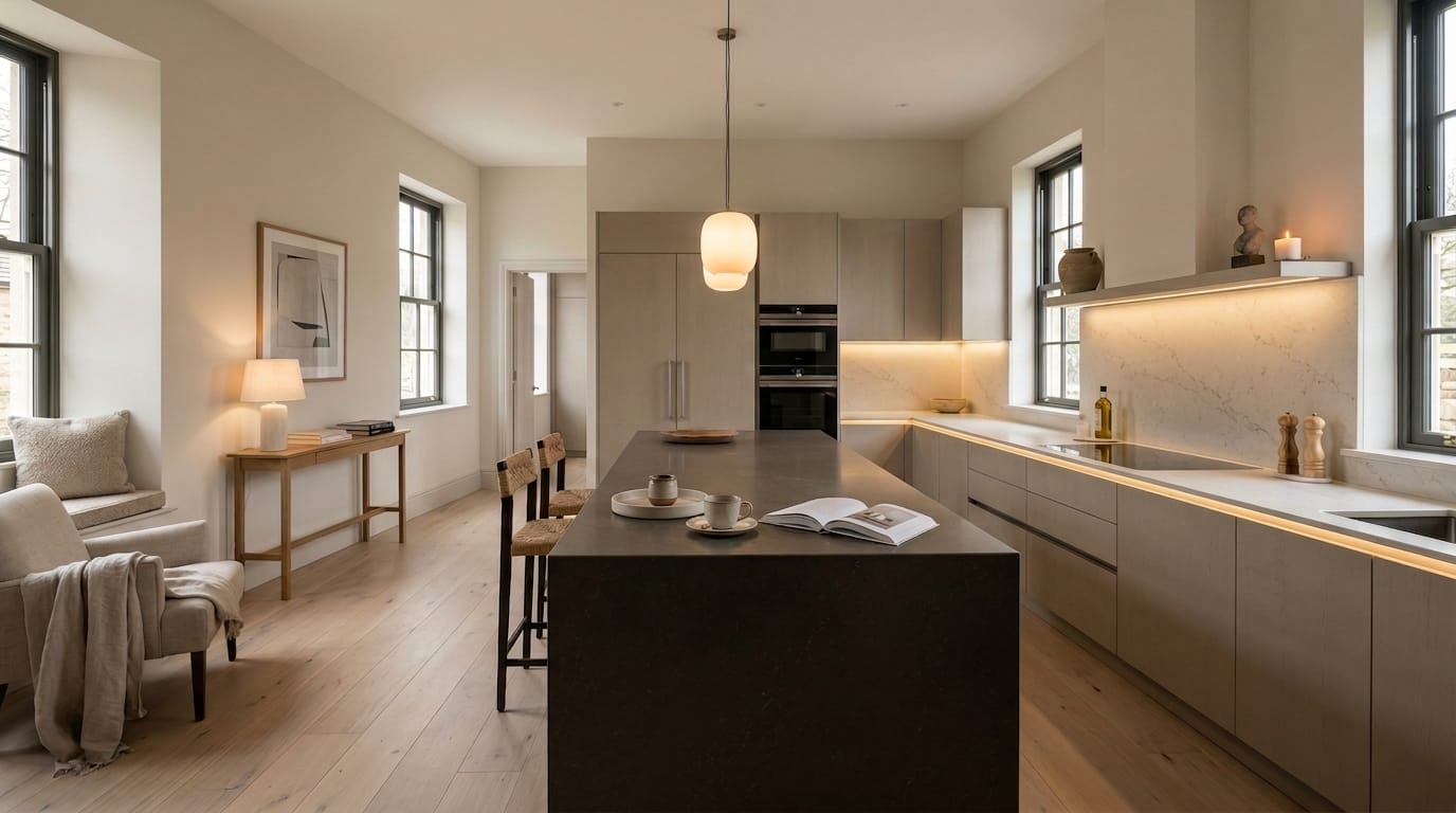 Modern Mastercraft kitchen with light wood flooring, marble worktops and large central island
