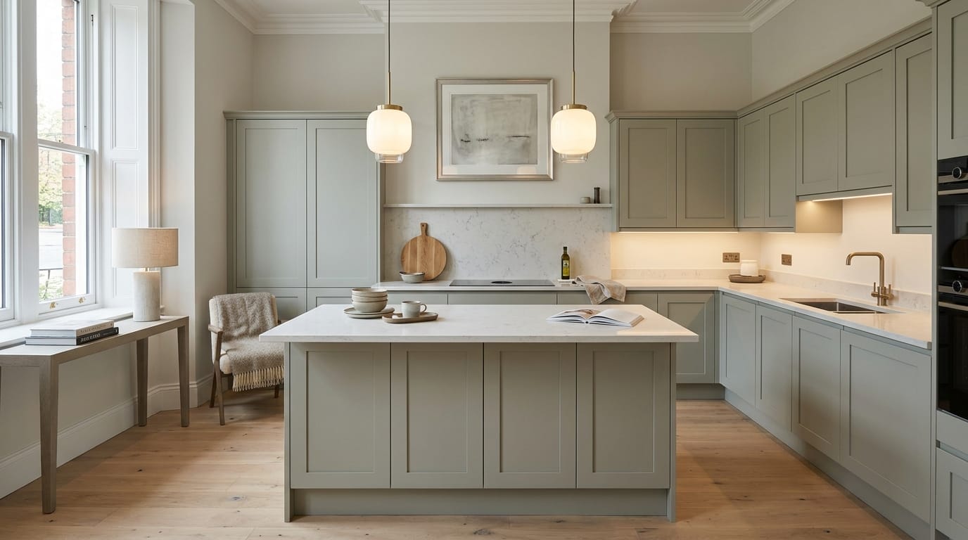 Wide view of a newly completed bespoke Mastercraft kitchen, matt painted handleless slab cabinetry in airforce tones