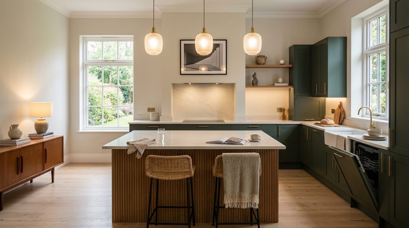 Modern kitchen with green cabinets, marble worktops, and three pendant lights