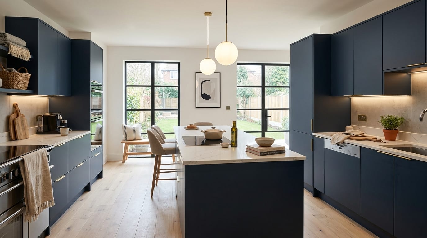 Wide view of a newly completed bespoke Mastercraft kitchen, matt painted handleless slab cabinetry in sage green tones