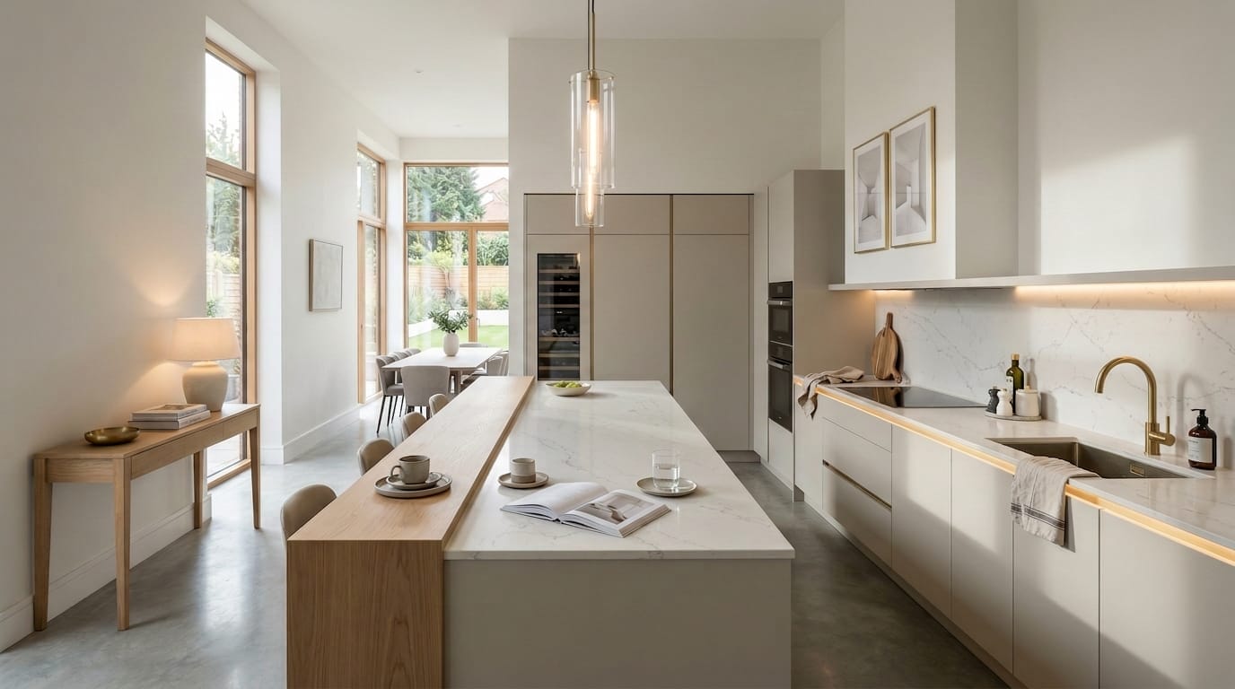Wide view of a newly completed bespoke Mastercraft kitchen in a Sheringham home, timber veneer slab-door cabinetry in cannon black tones