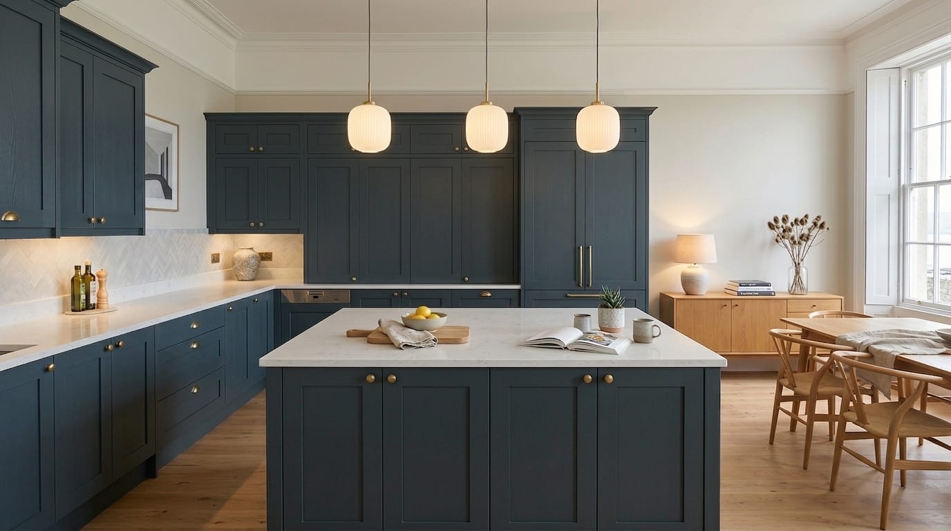 navy shaker cupboards with brass handles and white marble worktops