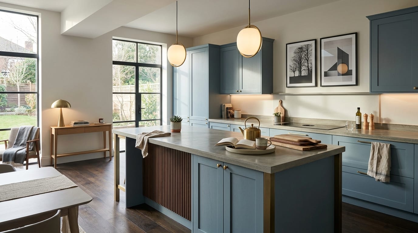 Wide view of a newly completed bespoke Mastercraft kitchen, modern shaker cabinetry in porcelain tones