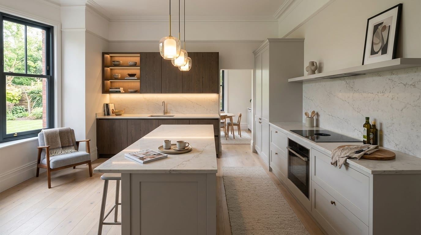 Wide view of a newly completed bespoke Mastercraft kitchen, modern shaker cabinetry in lava tones