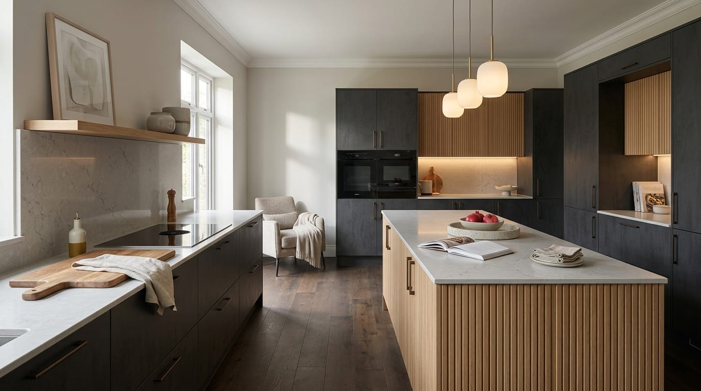 Wide view of a newly completed bespoke Mastercraft kitchen, modern shaker cabinetry in indigo tones