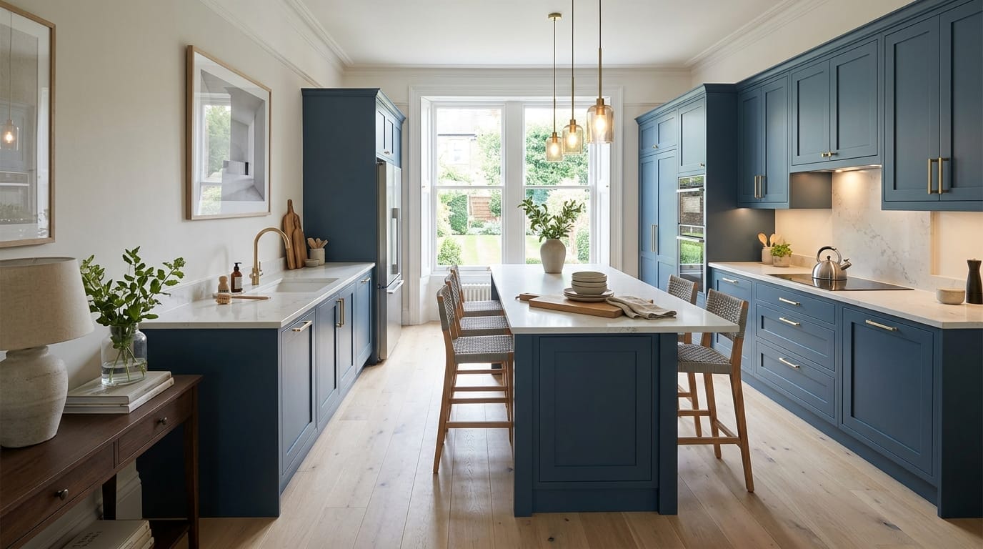 Wide view of a newly completed bespoke Mastercraft kitchen, modern shaker cabinetry in lava tones