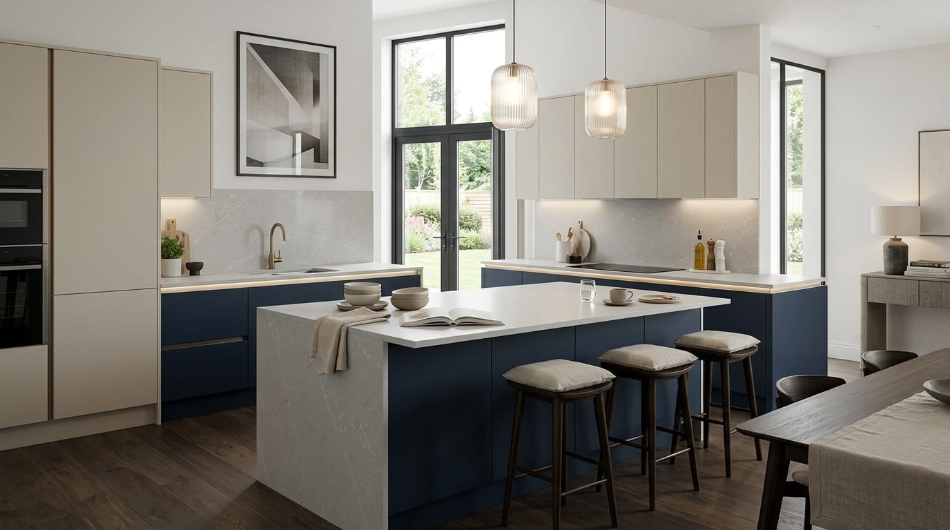 Wide view of a newly completed bespoke Mastercraft kitchen, contemporary painted lay-on cabinetry in cannon black tones