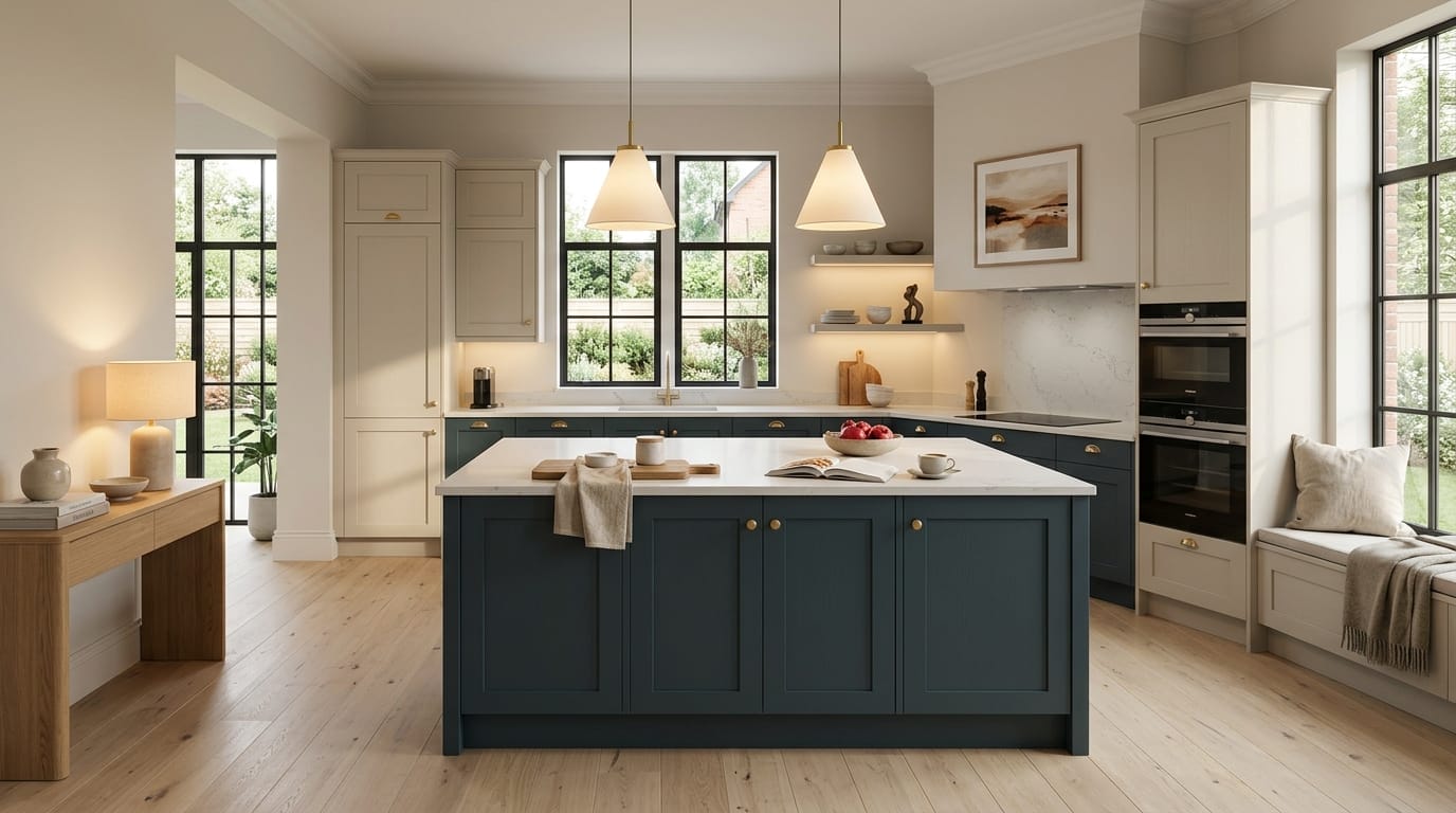 Wide view of a newly completed bespoke Mastercraft kitchen, timber veneer slab-door cabinetry in graphite tones