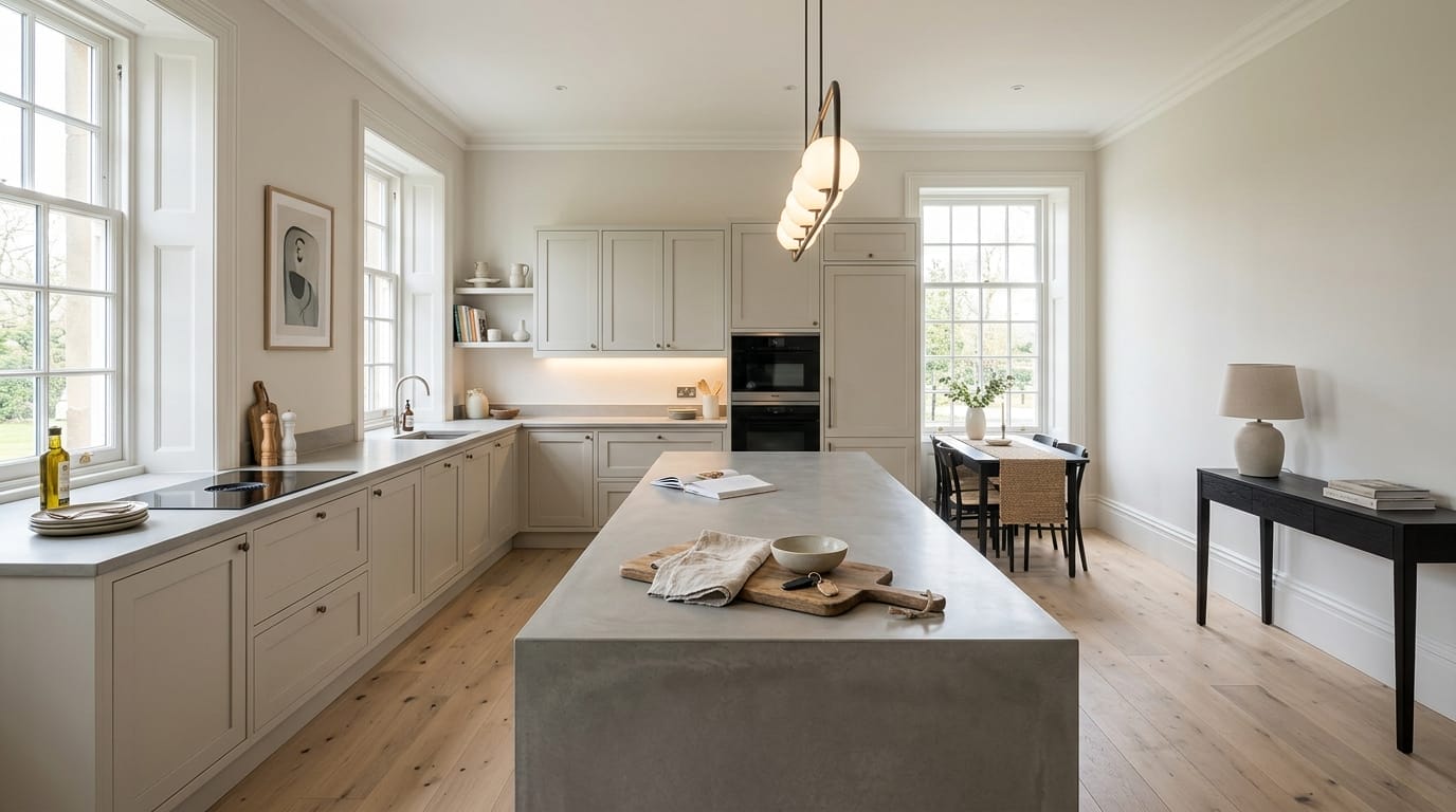 Wide view of a newly completed bespoke Mastercraft kitchen, matt painted handleless slab cabinetry in dust grey tones