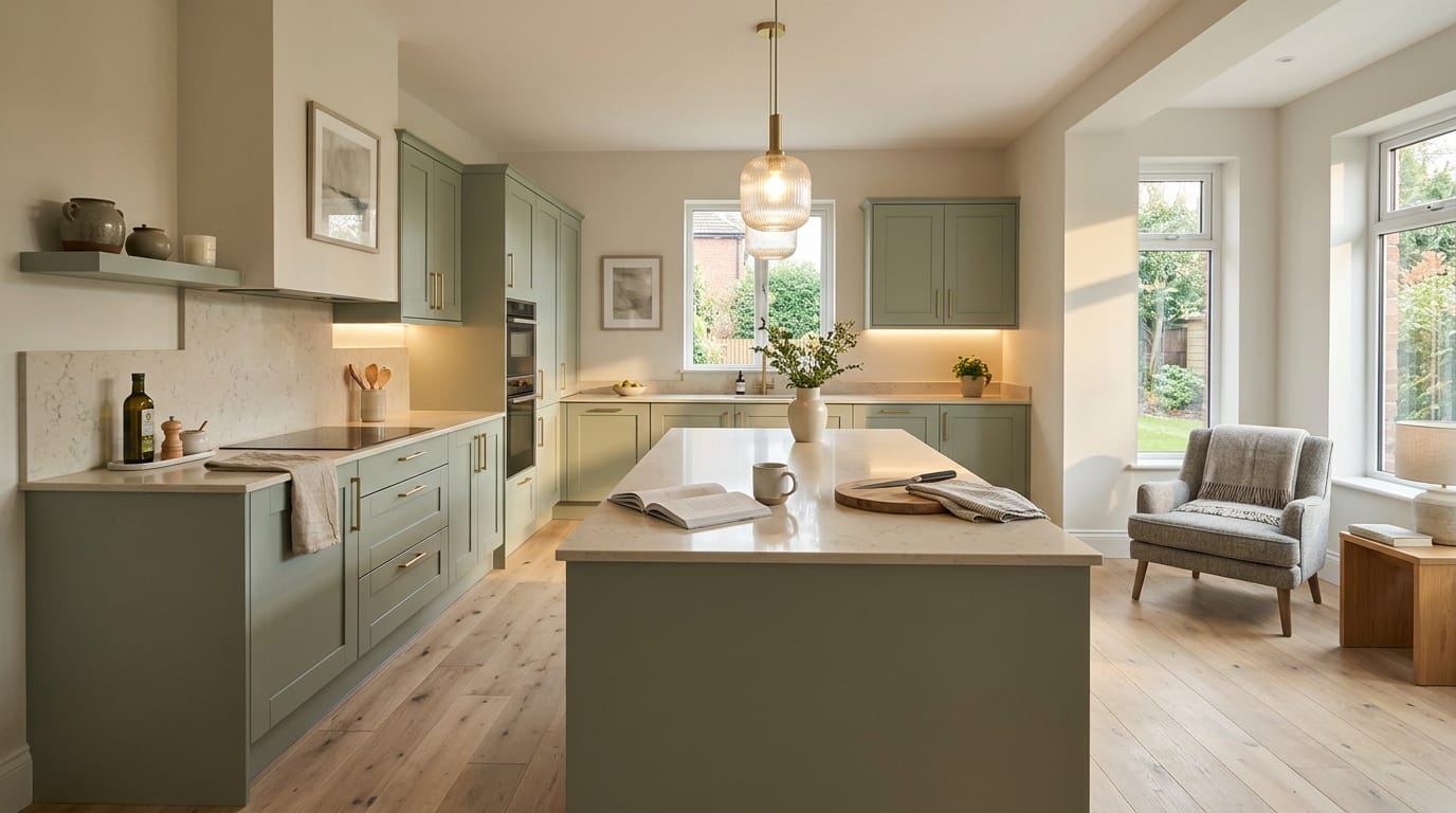 Wide view of a newly completed bespoke Mastercraft kitchen, contemporary painted lay-on cabinetry in porcelain tones