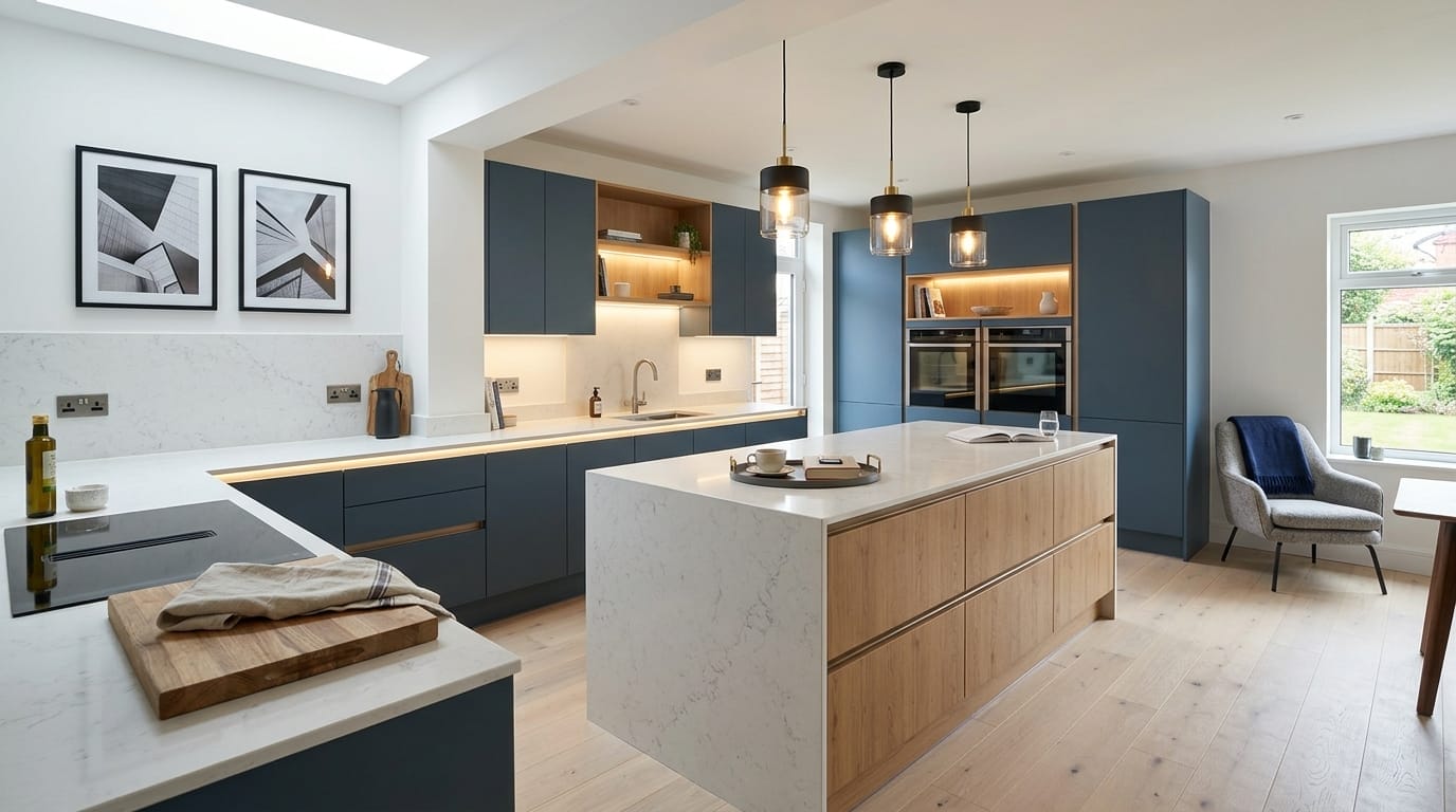 Wide view of a newly completed bespoke Mastercraft kitchen, contemporary painted lay-on cabinetry in taupe grey tones