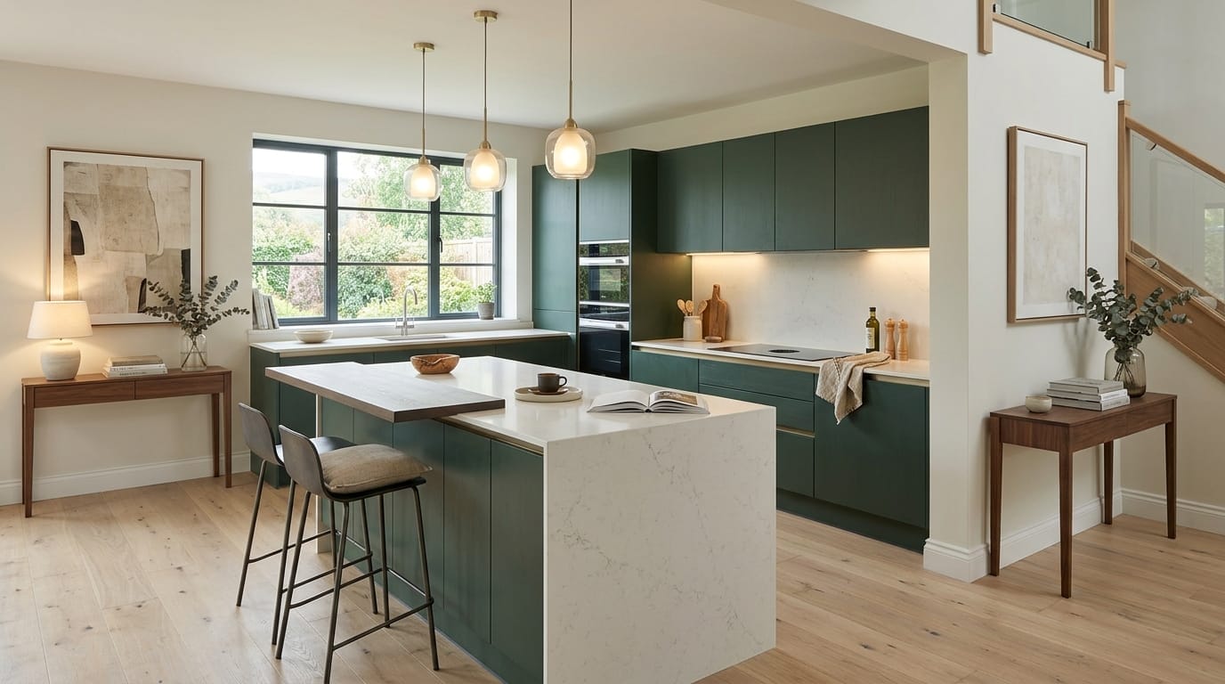 Wide view of a newly completed bespoke Mastercraft kitchen, timber veneer slab-door cabinetry in stone tones