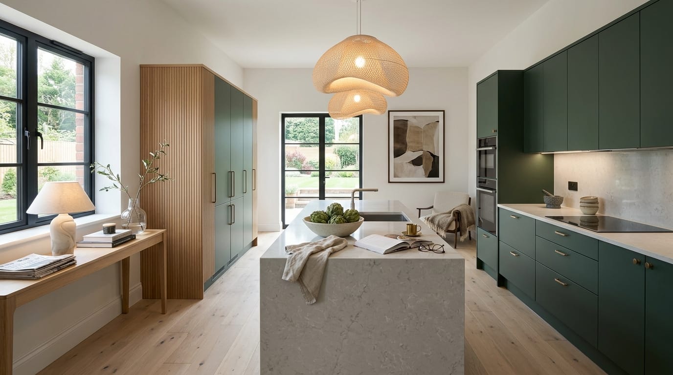 Wide view of a newly completed bespoke Mastercraft kitchen, timber veneer slab-door cabinetry in ivory tones