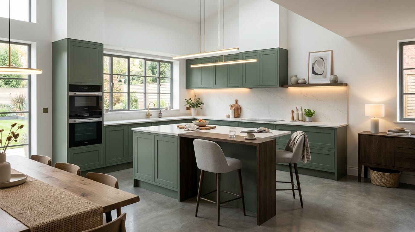 Wide view of a newly completed bespoke Mastercraft kitchen in a Garstang home, modern shaker cabinetry in monument grey tones