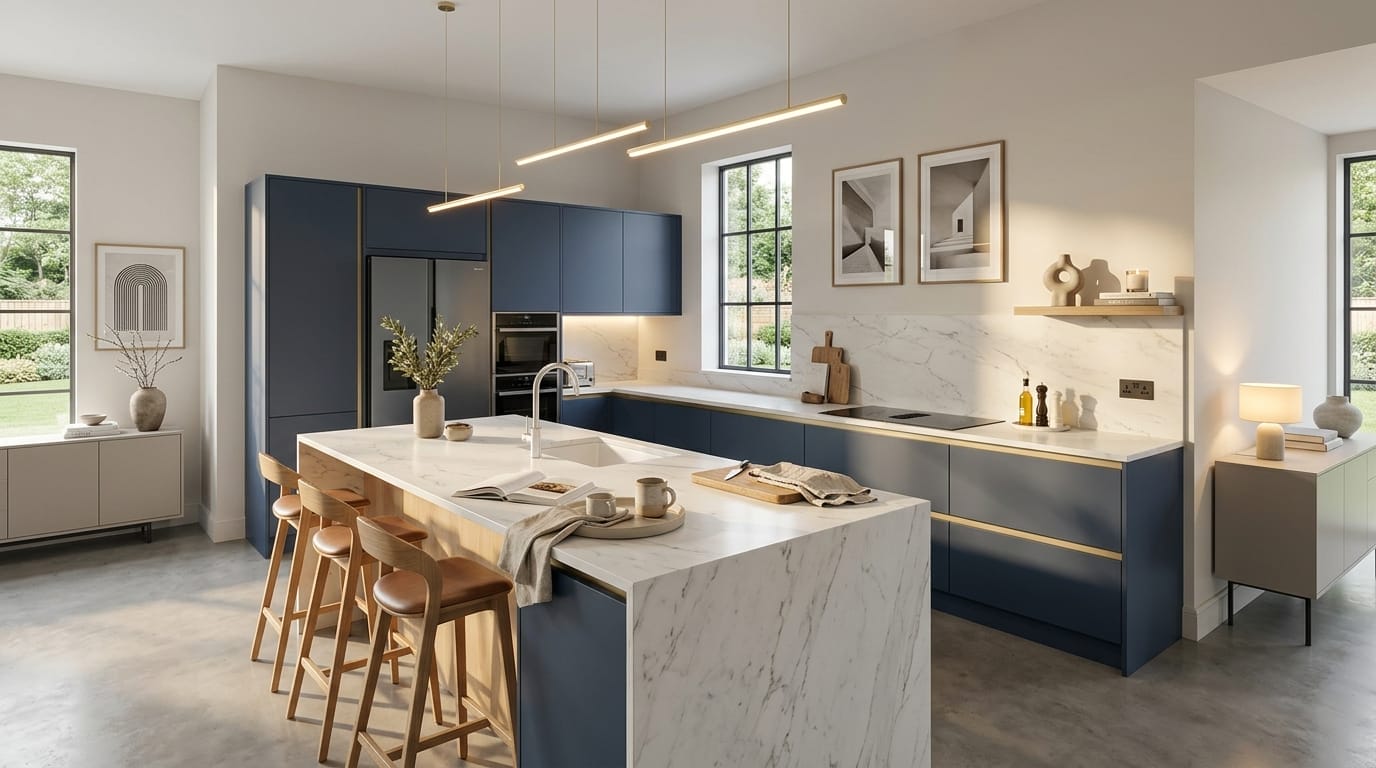 Wide view of a newly completed bespoke Mastercraft kitchen, contemporary painted lay-on cabinetry in stone grey tones