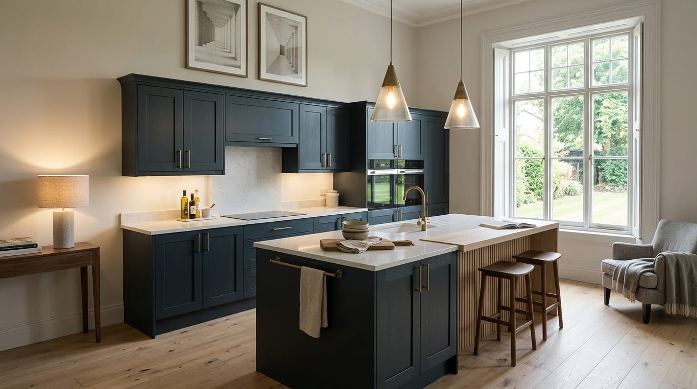 Wide view of a newly completed bespoke Mastercraft kitchen, modern shaker cabinetry in viridian tones