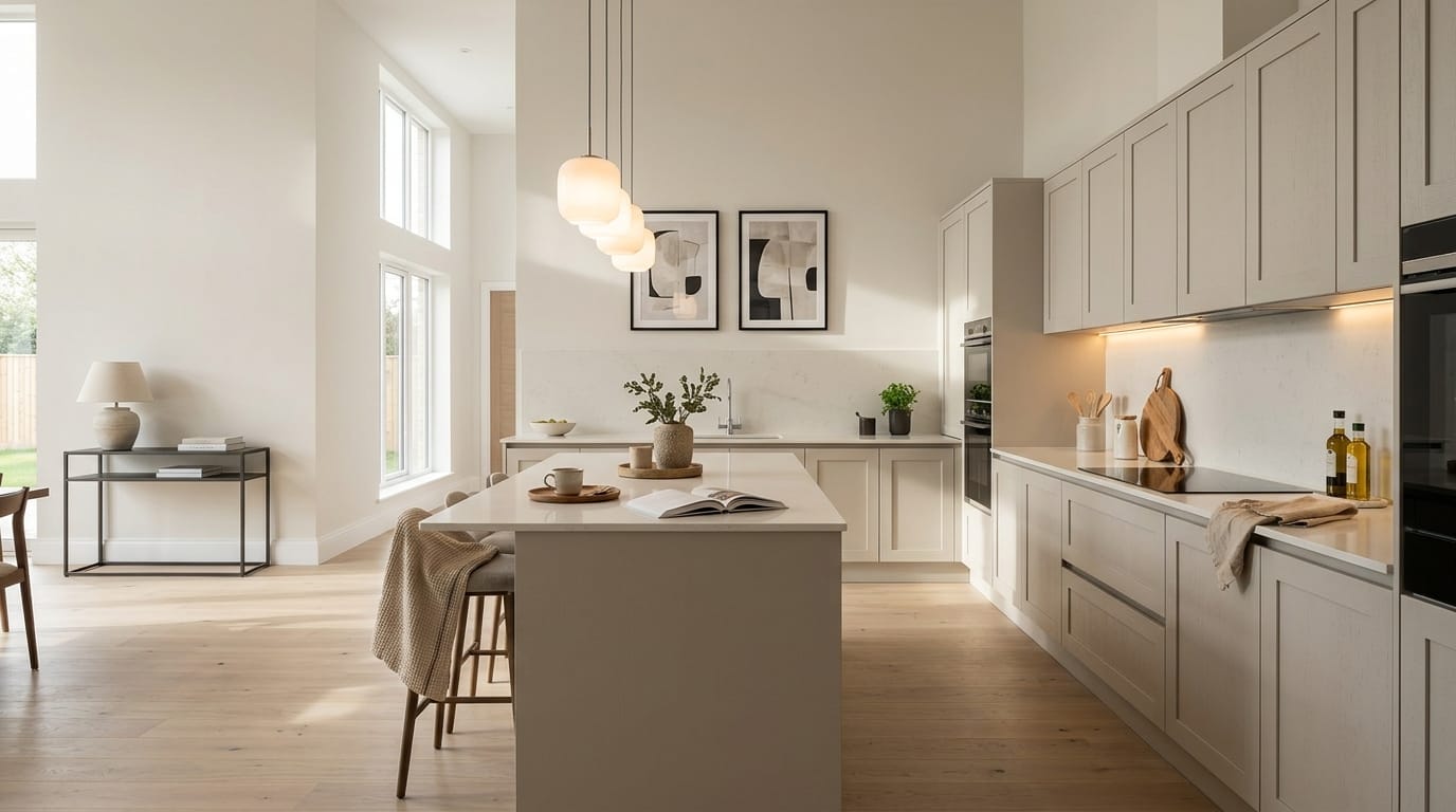 Wide view of a newly completed bespoke Mastercraft kitchen, contemporary painted lay-on cabinetry in willow tones