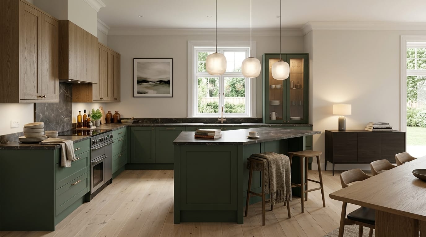 Wide view of a newly completed bespoke Mastercraft kitchen, matt painted handleless slab cabinetry in cannon black tones