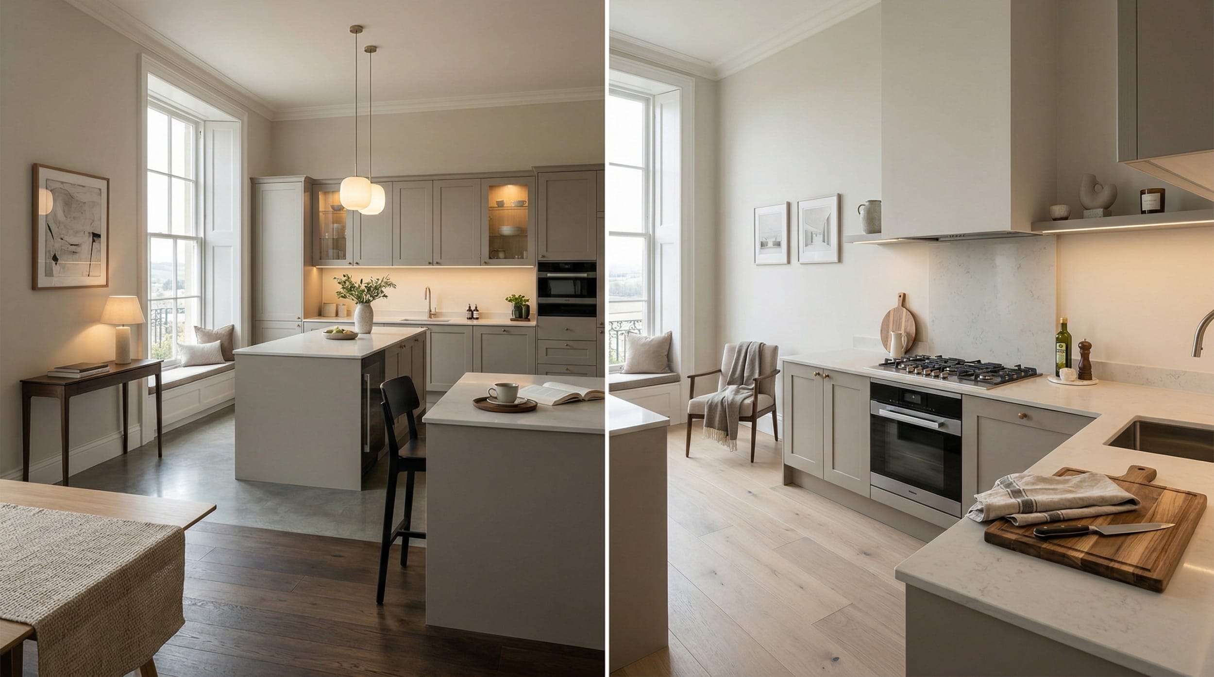 Wide view of a newly completed bespoke Mastercraft kitchen, contemporary in-frame cabinetry in gunmetal grey tones
