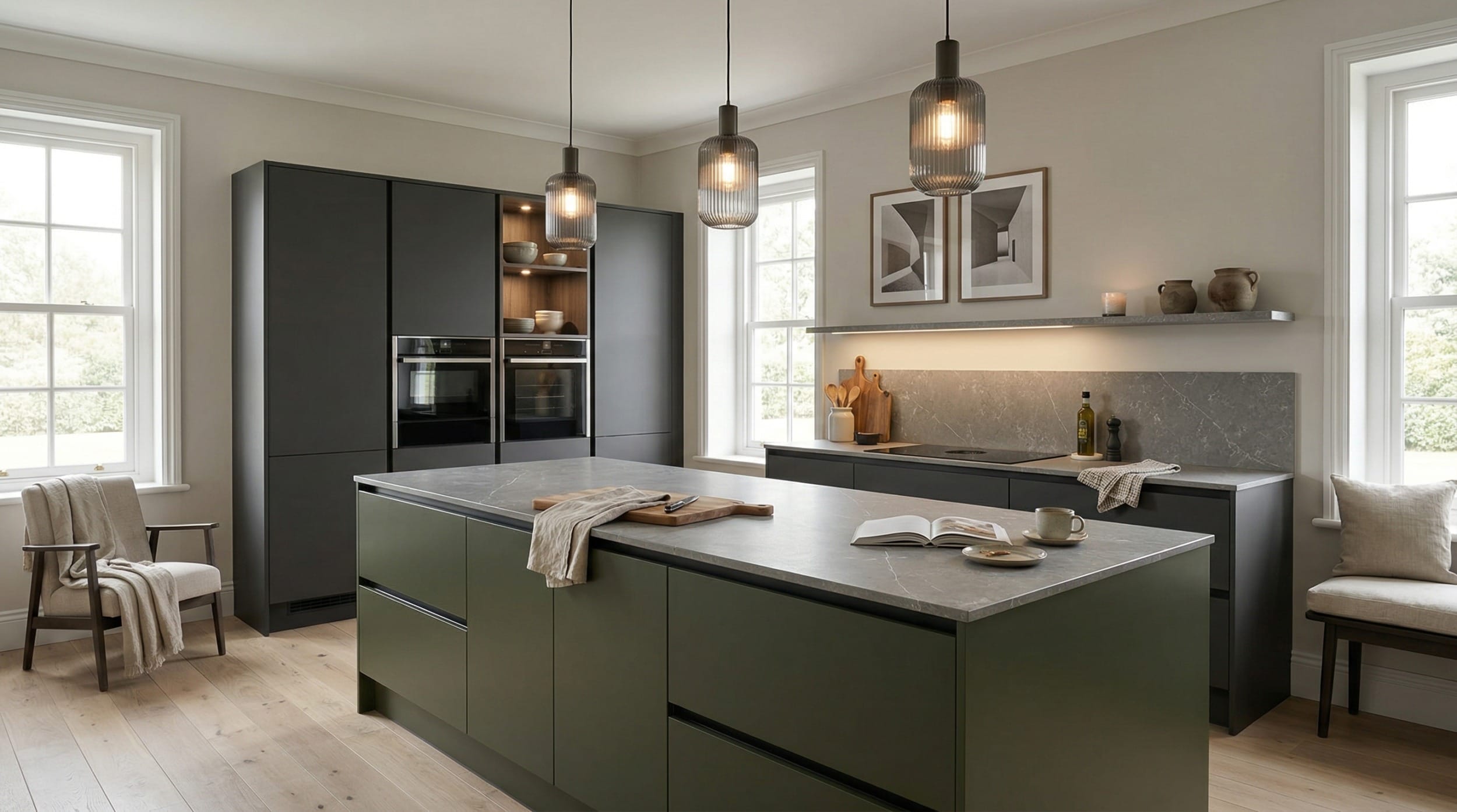 Wide view of a newly completed bespoke Mastercraft kitchen, modern shaker cabinetry in viridian tones