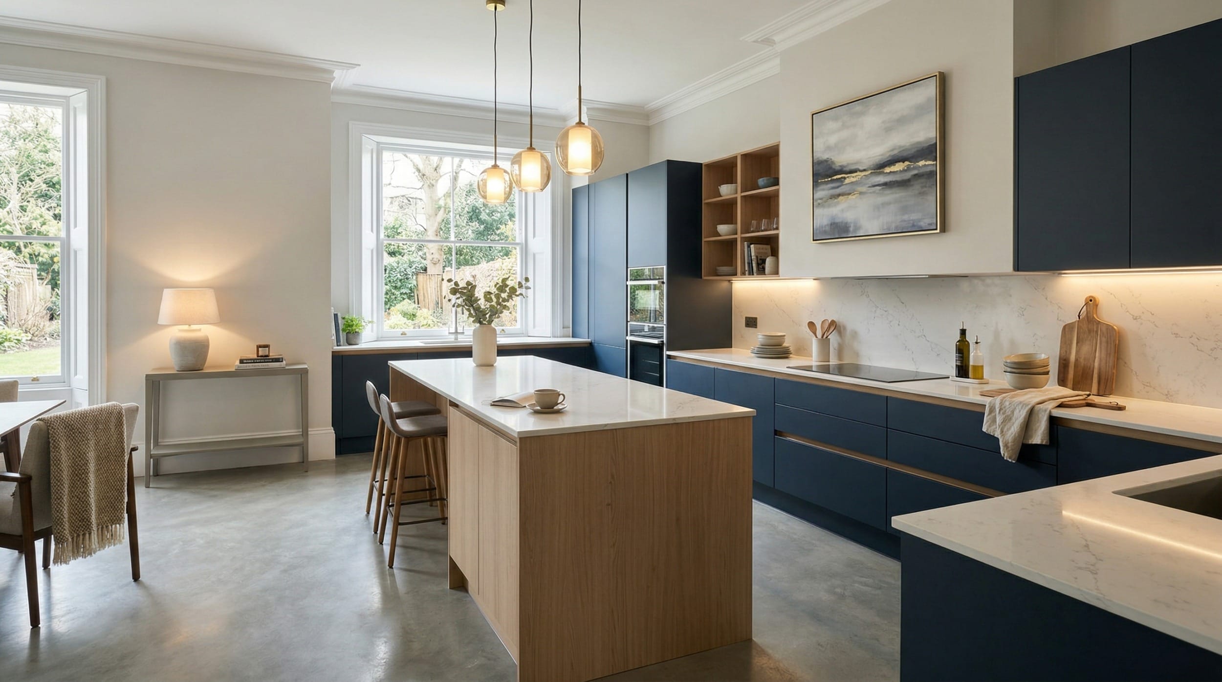 Wide view of a newly completed bespoke Mastercraft kitchen, matt painted handleless slab cabinetry in pantry blue tones