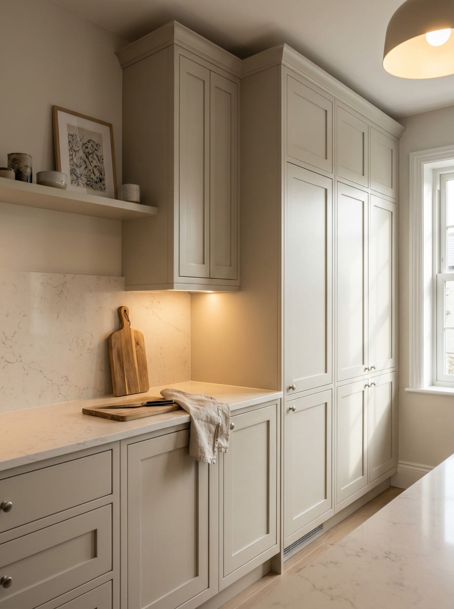 Tall view of full-height bespoke kitchen cabinetry, contemporary painted lay-on cabinetry
