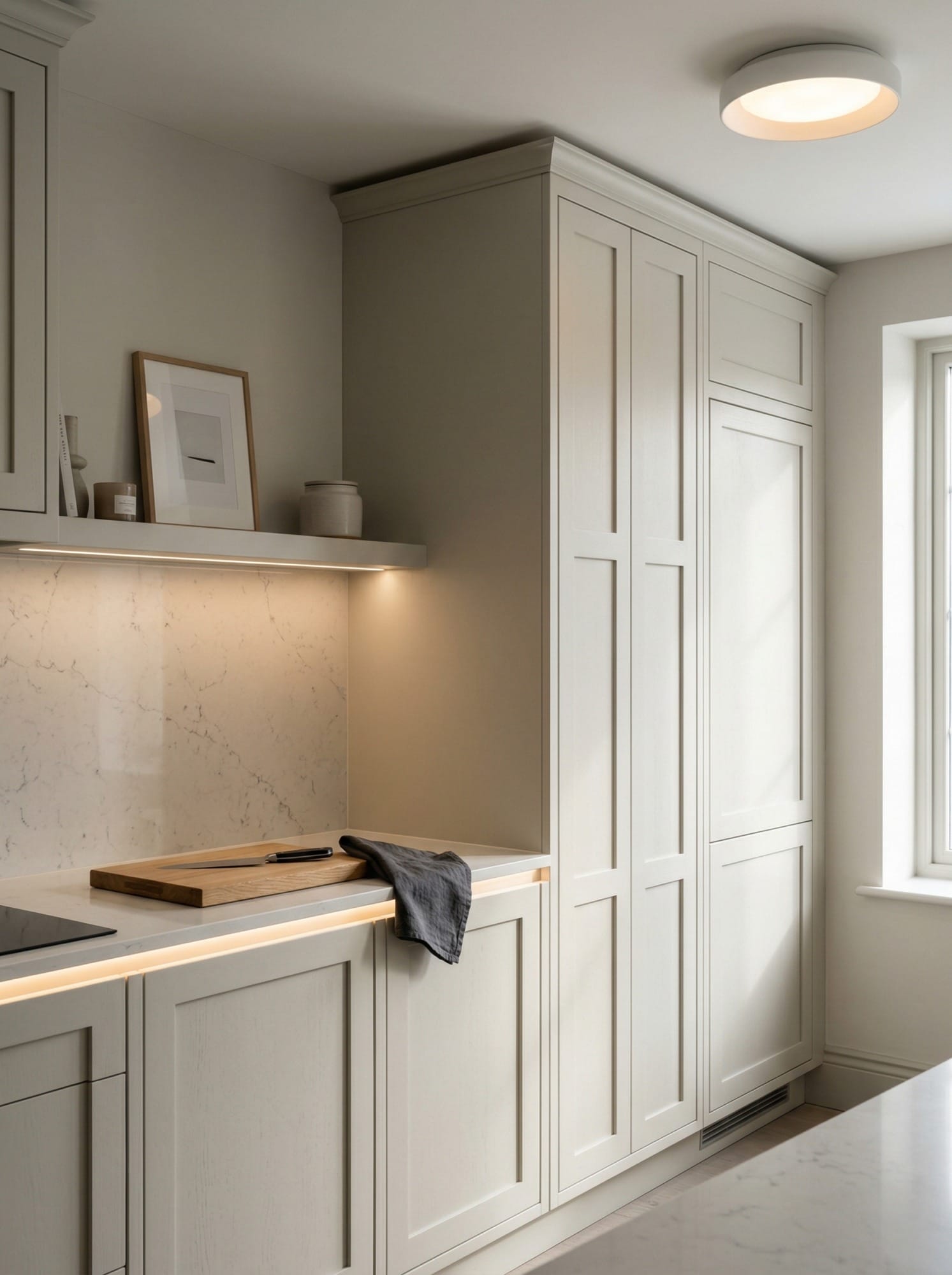 Tall view of full-height bespoke kitchen cabinetry, timber veneer slab-door cabinetry