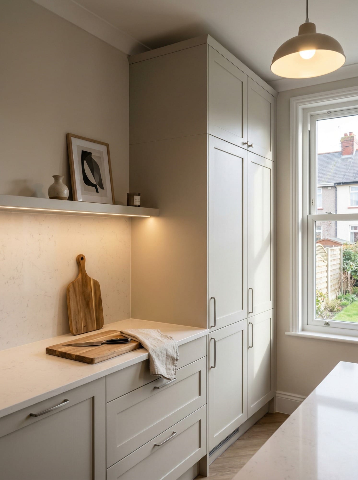 Tall view of full-height bespoke kitchen cabinetry, contemporary in-frame cabinetry
