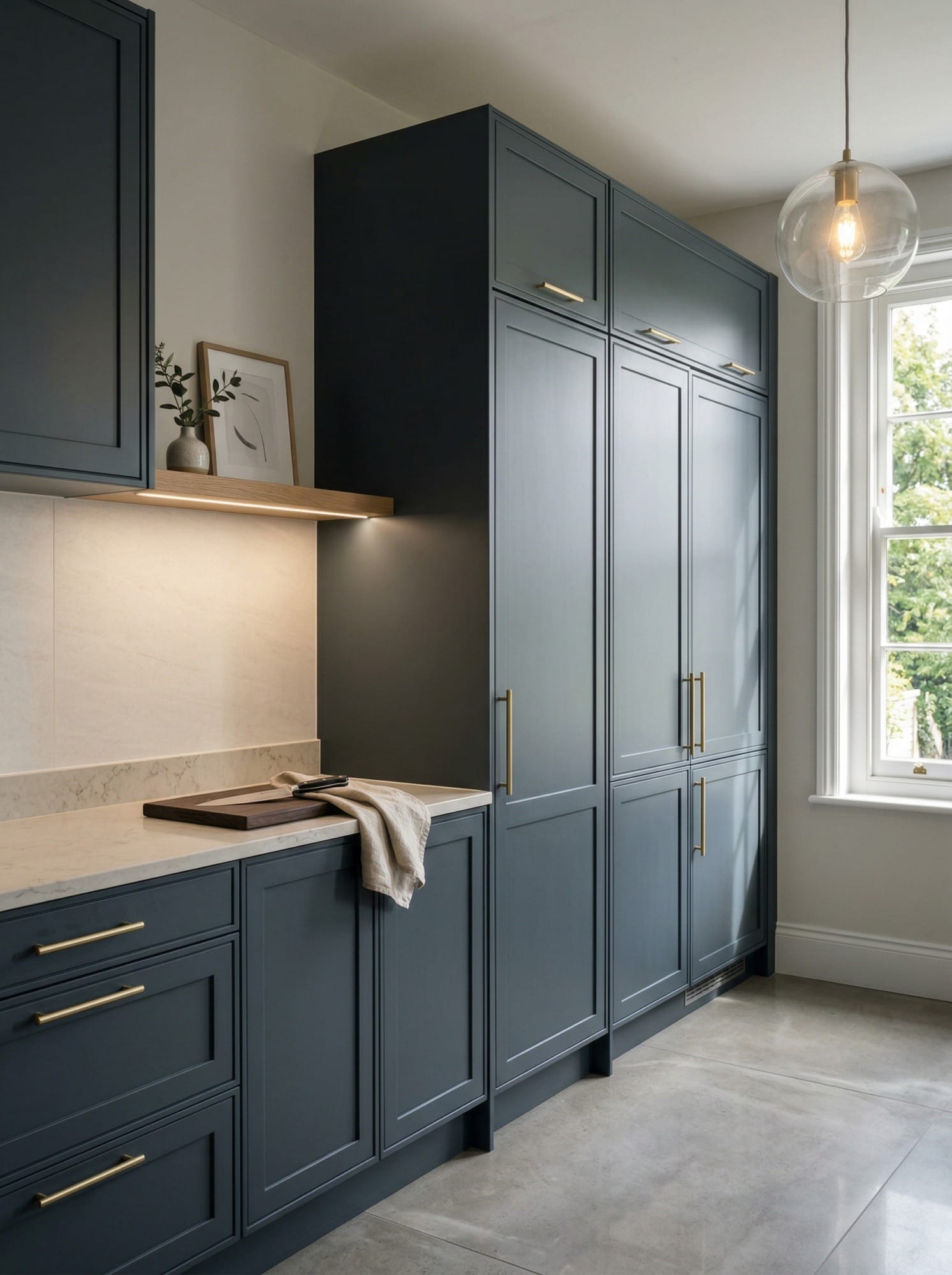 Tall view of full-height bespoke kitchen cabinetry, modern shaker cabinetry