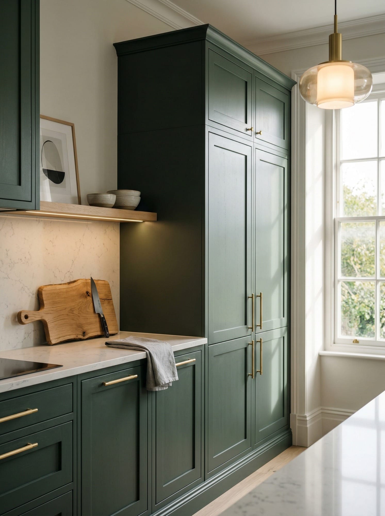 Tall view of full-height bespoke kitchen cabinetry, modern shaker cabinetry