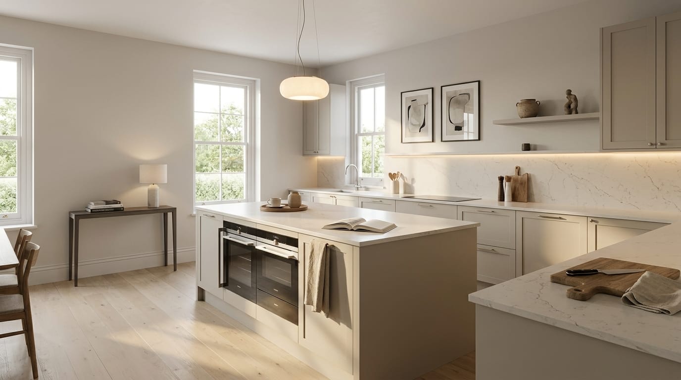 Wide view of a newly completed bespoke Mastercraft kitchen, matt painted handleless slab cabinetry in taupe grey tones