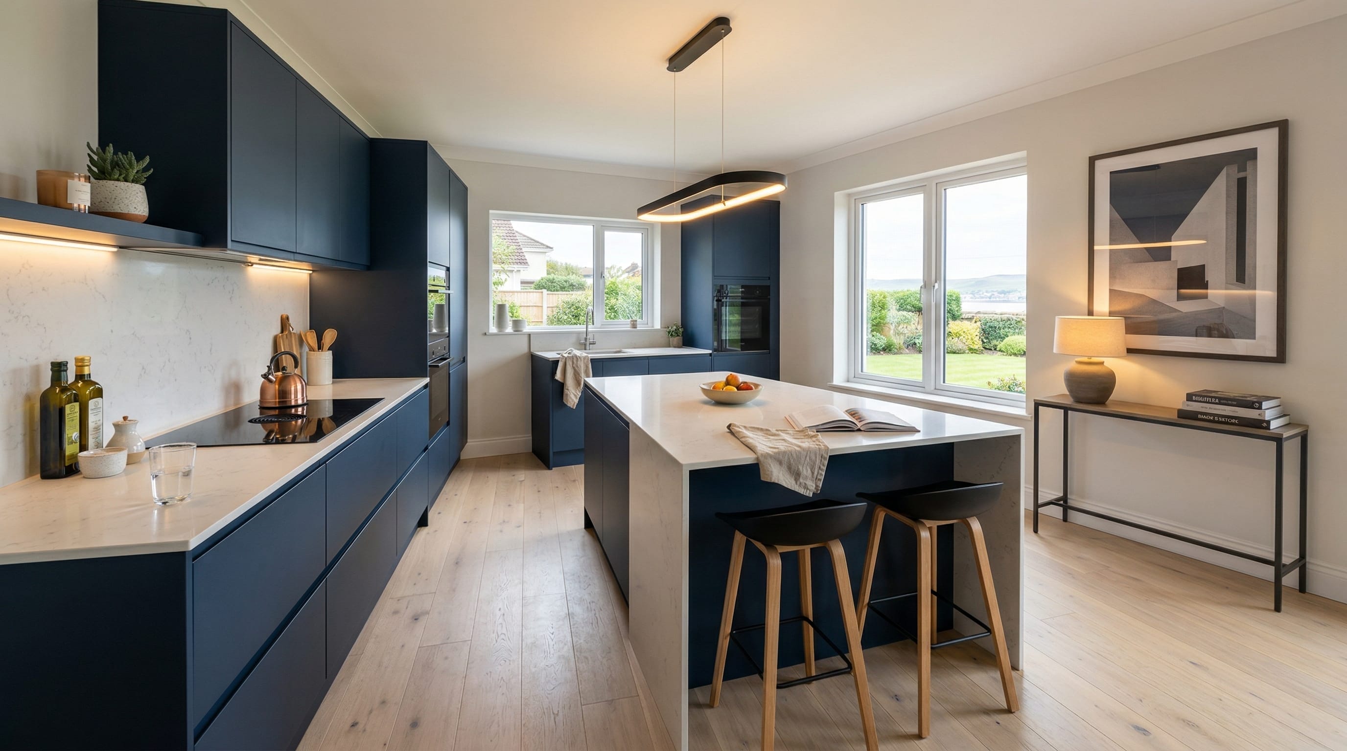 Wide view of a newly completed bespoke Mastercraft kitchen, contemporary painted lay-on cabinetry in shell tones