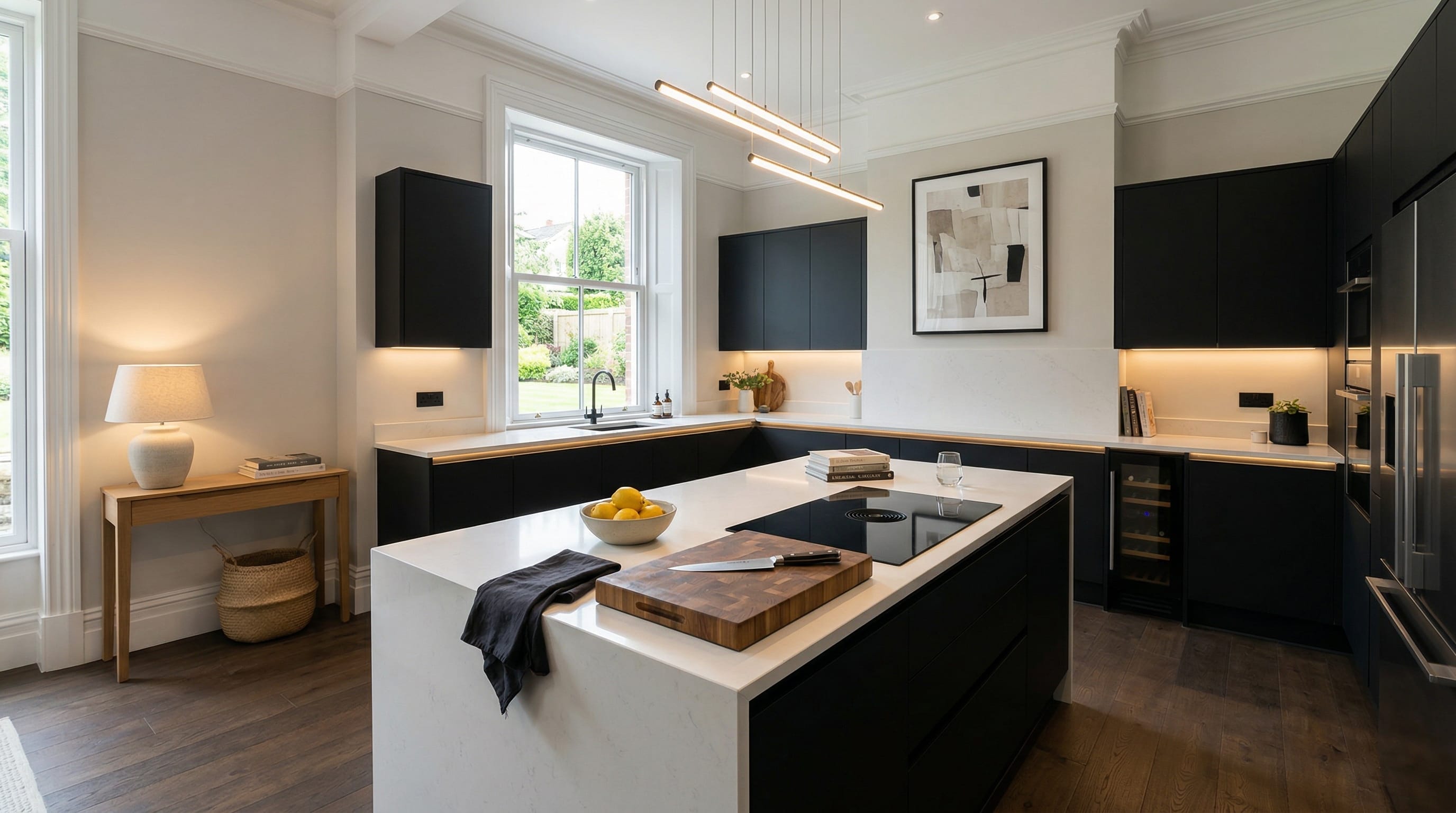 Wide view of a newly completed bespoke Mastercraft kitchen, matt painted handleless slab cabinetry in airforce tones