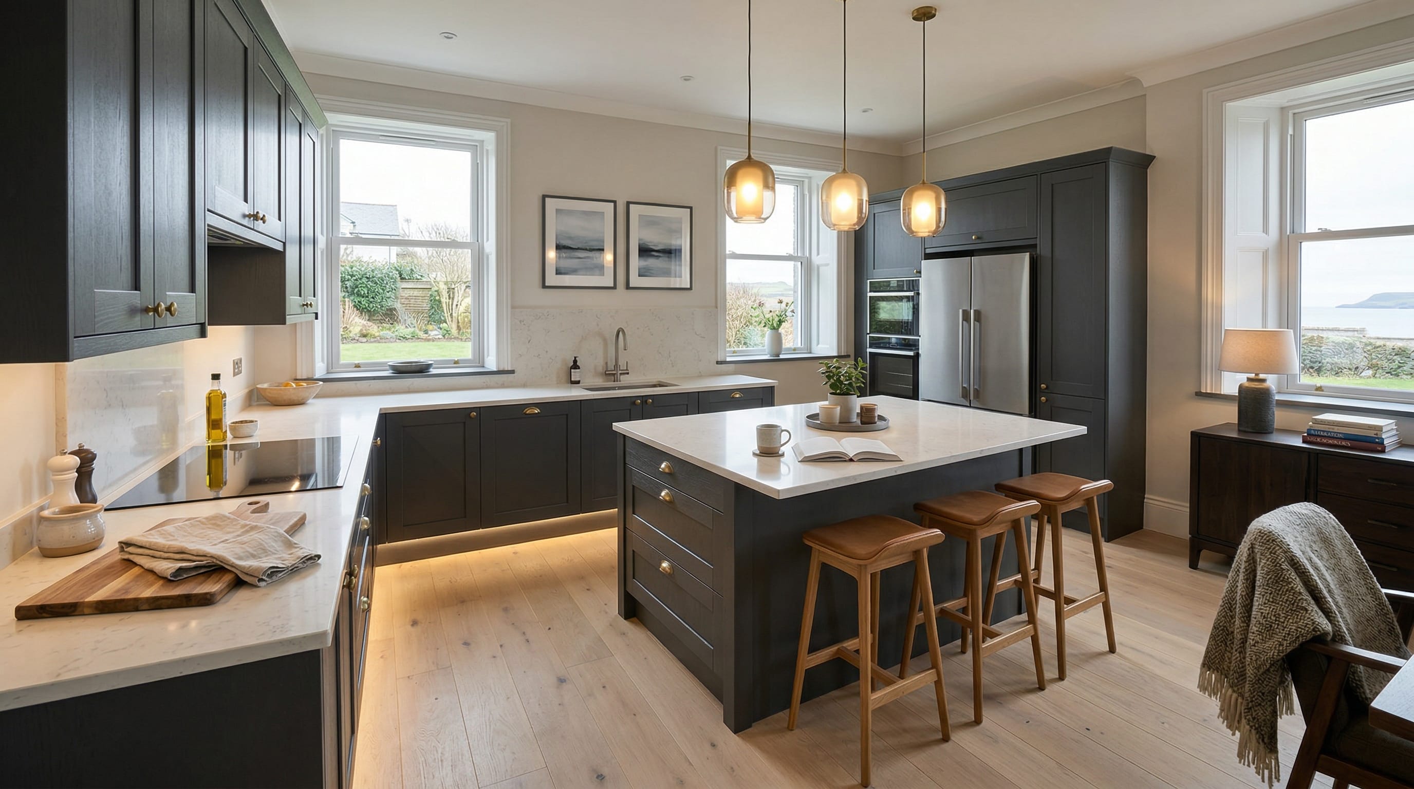 Wide view of a newly completed bespoke Mastercraft kitchen, matt painted handleless slab cabinetry in light grey tones