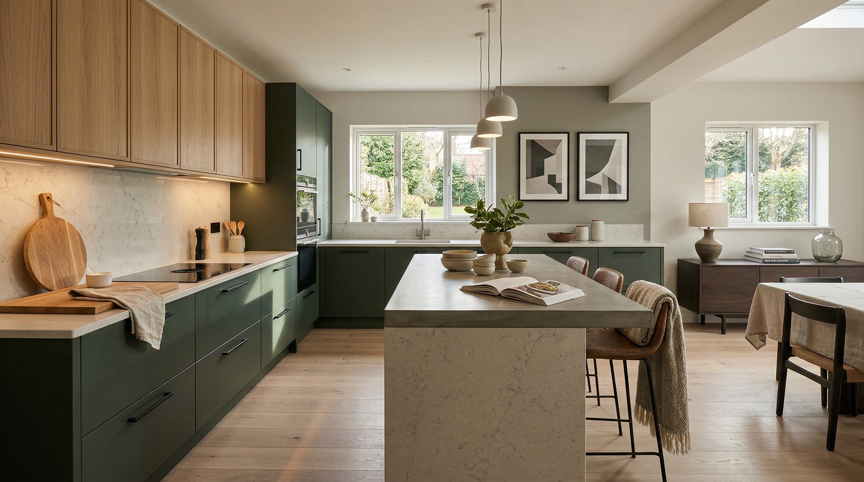 Wide view of a newly completed bespoke Mastercraft kitchen, matt painted handleless slab cabinetry in parisian blue tones